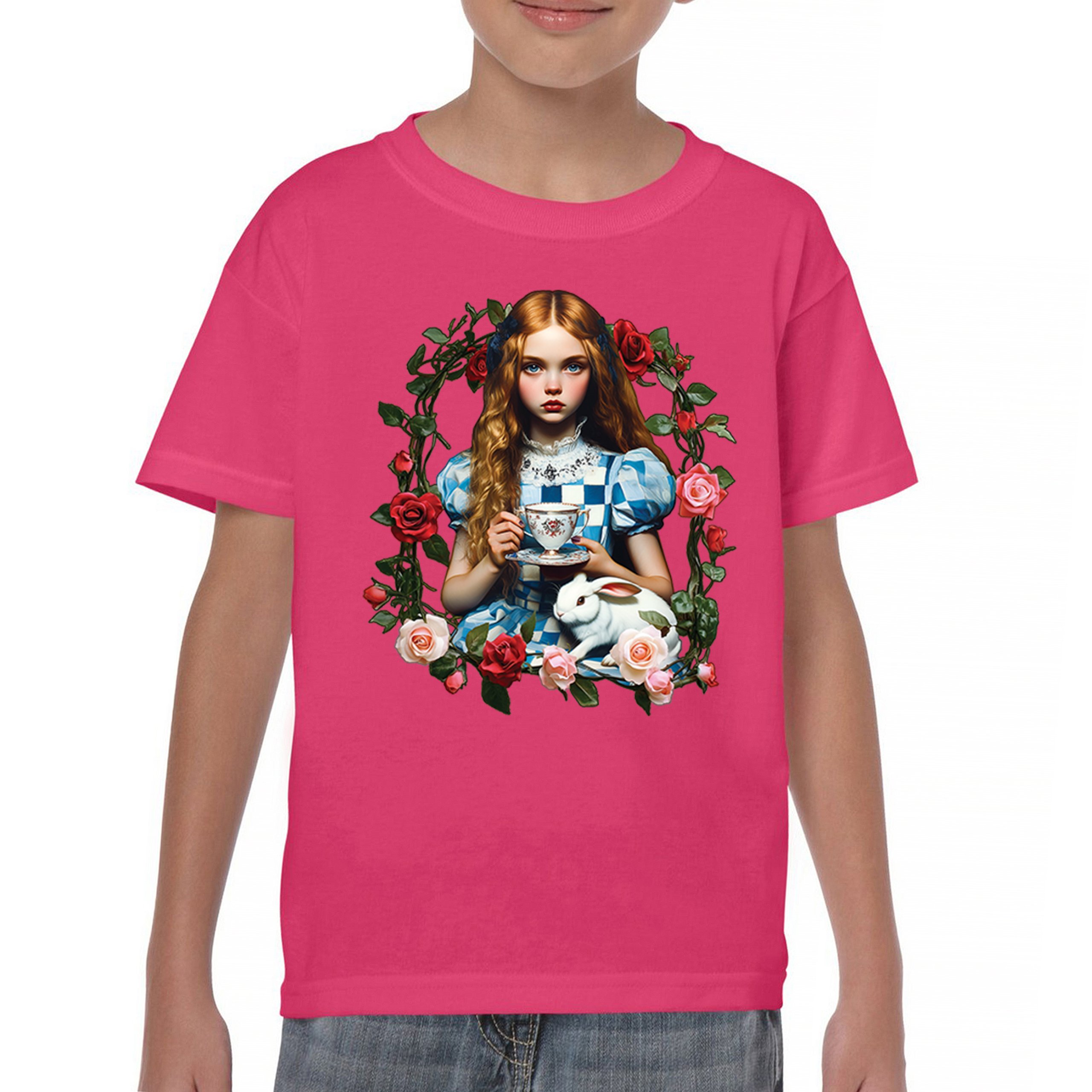 Storybook Alice Tea Party Youth T-shirt Wonderland Girl Fairytale Rabbit Kids - Picture 44 of 50