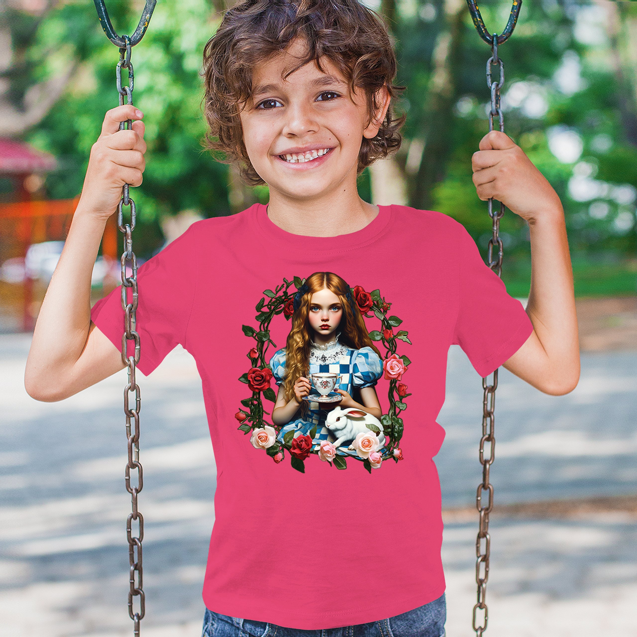 Storybook Alice Tea Party Youth T-shirt Wonderland Girl Fairytale Rabbit Kids - Picture 47 of 50