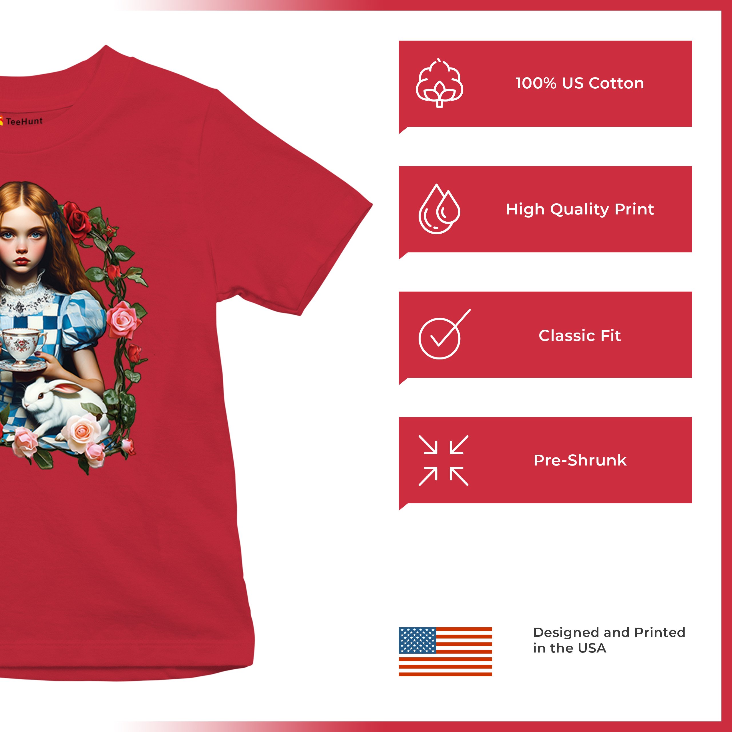 Storybook Alice Tea Party Youth T-shirt Wonderland Girl Fairytale Rabbit Kids - Picture 21 of 50