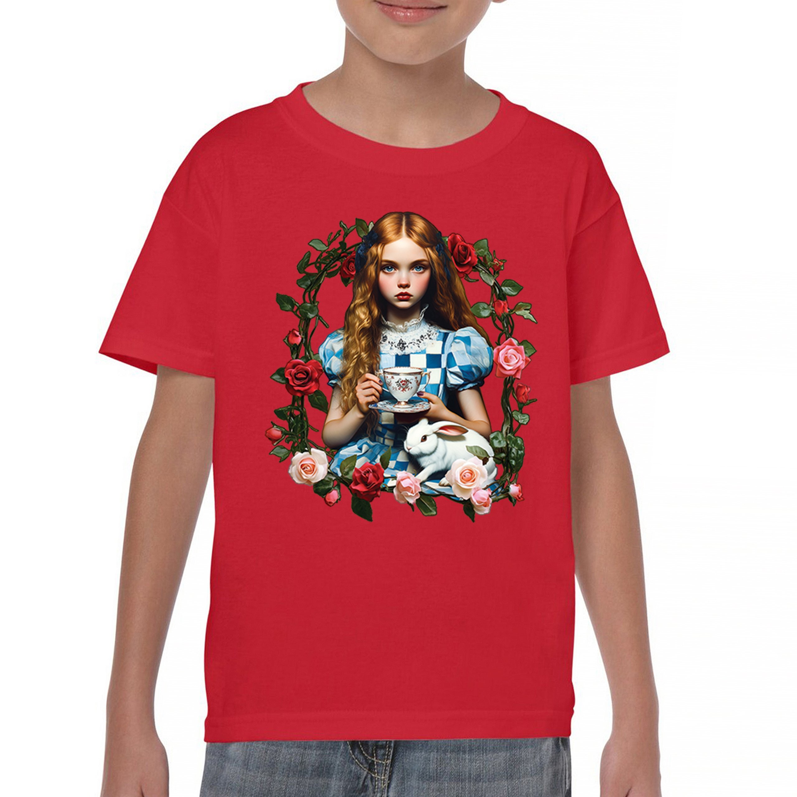 Storybook Alice Tea Party Youth T-shirt Wonderland Girl Fairytale Rabbit Kids - Picture 16 of 50