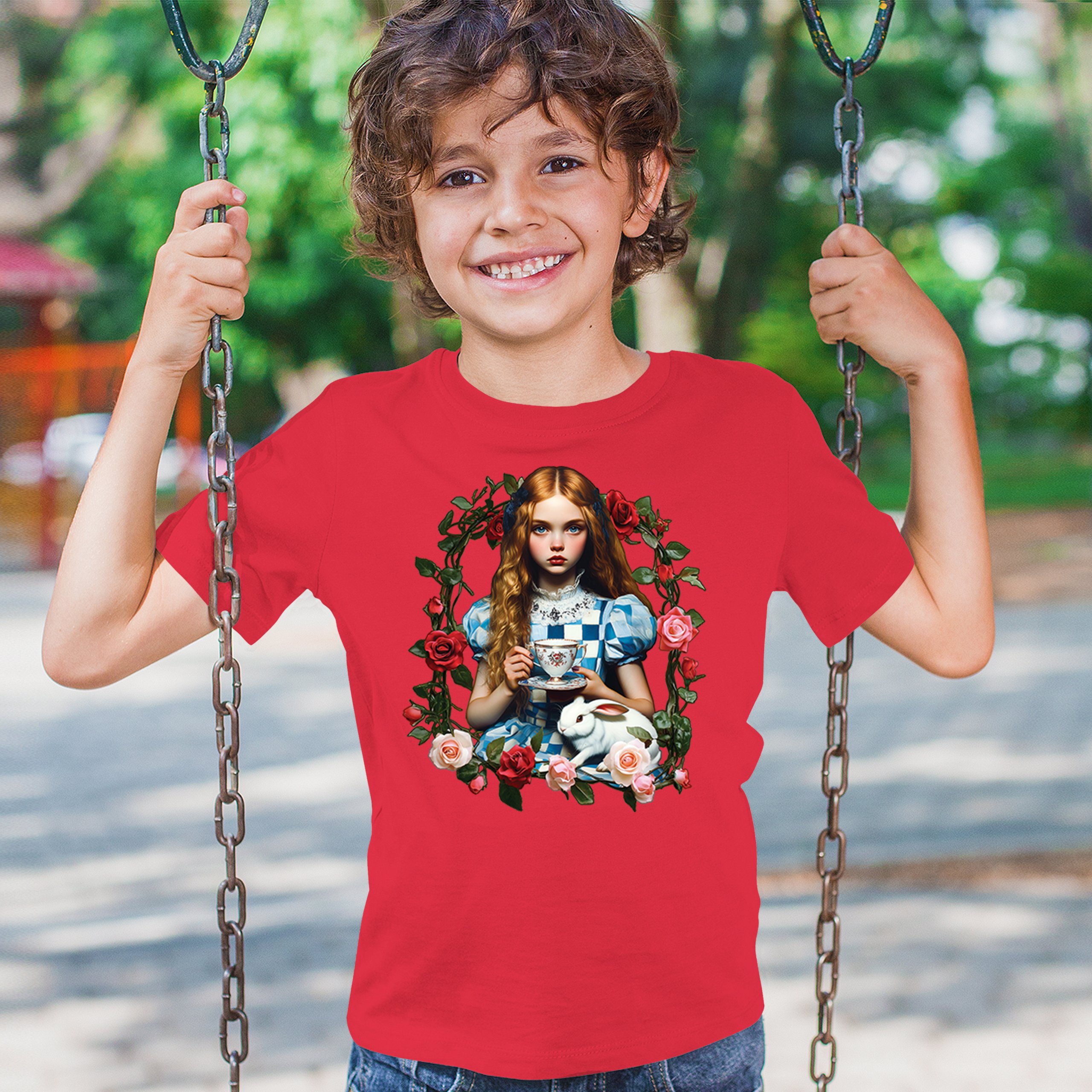 Storybook Alice Tea Party Youth T-shirt Wonderland Girl Fairytale Rabbit Kids - Picture 19 of 50