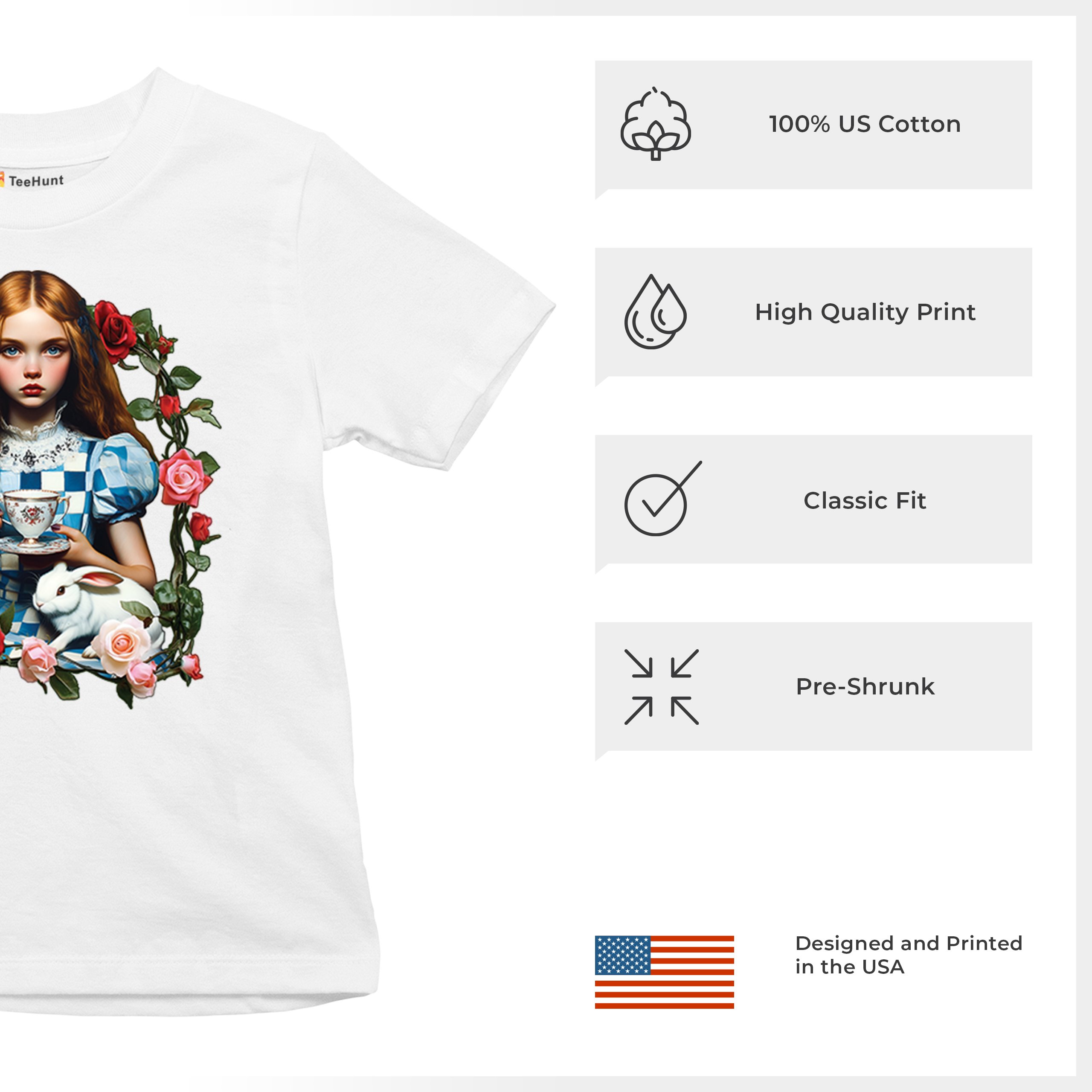 Storybook Alice Tea Party Youth T-shirt Wonderland Girl Fairytale Rabbit Kids - Picture 28 of 50
