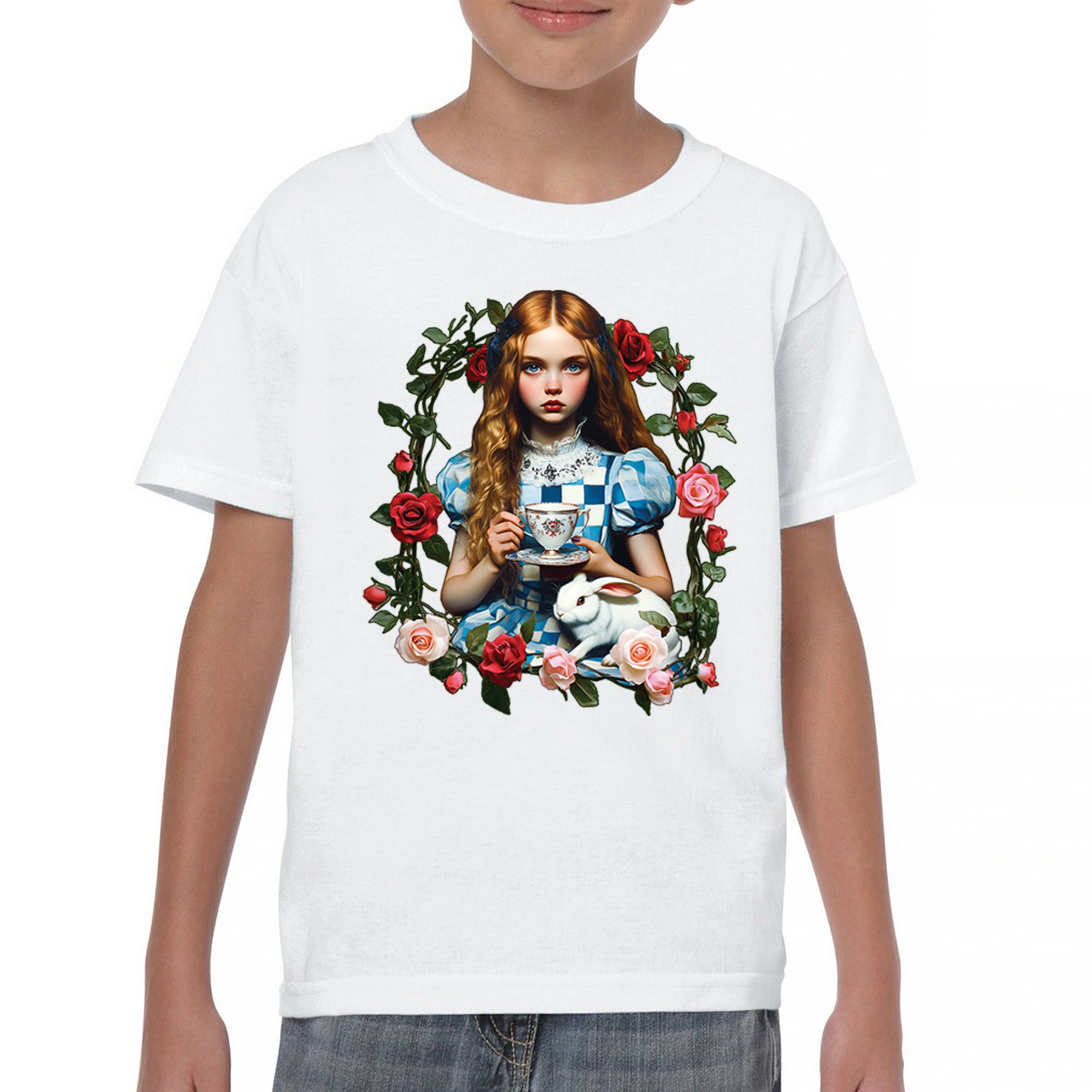 Storybook Alice Tea Party Youth T-shirt Wonderland Girl Fairytale Rabbit Kids - Picture 23 of 50