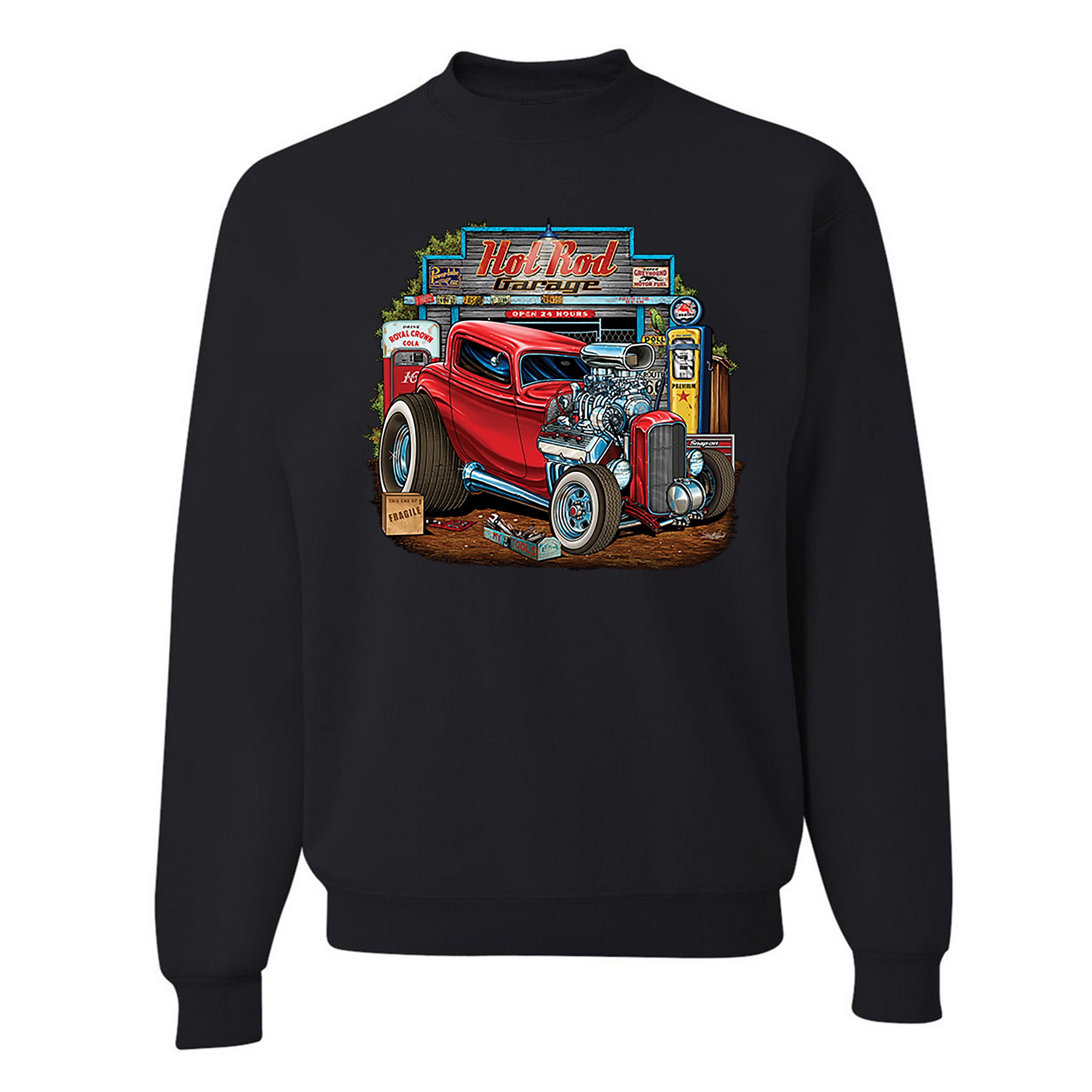 Hot Rod Garage Sweatshirt Route 66 Retro Vintage Drag Racing Car Crewneck