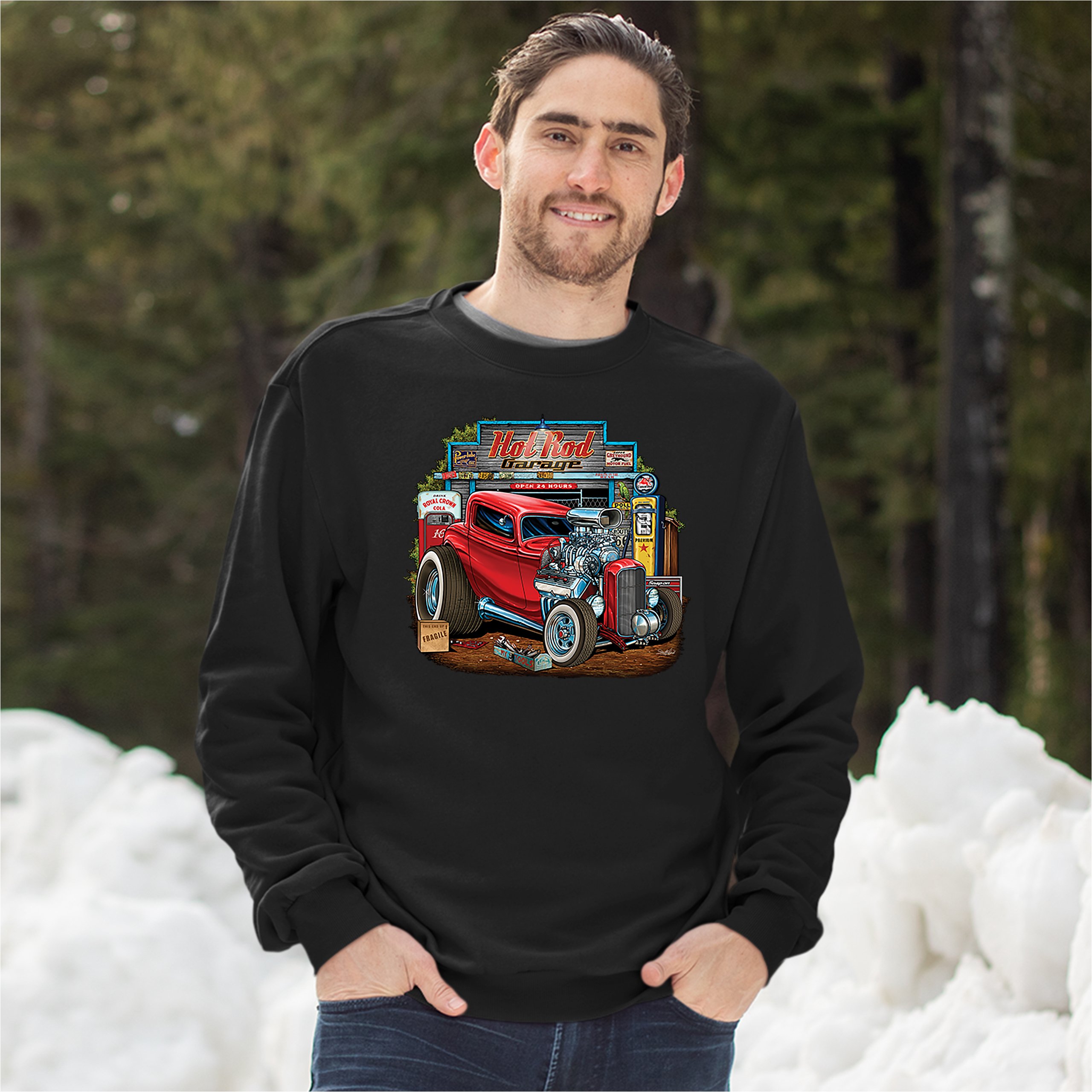 Hot Rod Garage Sweatshirt Route 66 Retro Vintage Drag Racing Car Crewneck