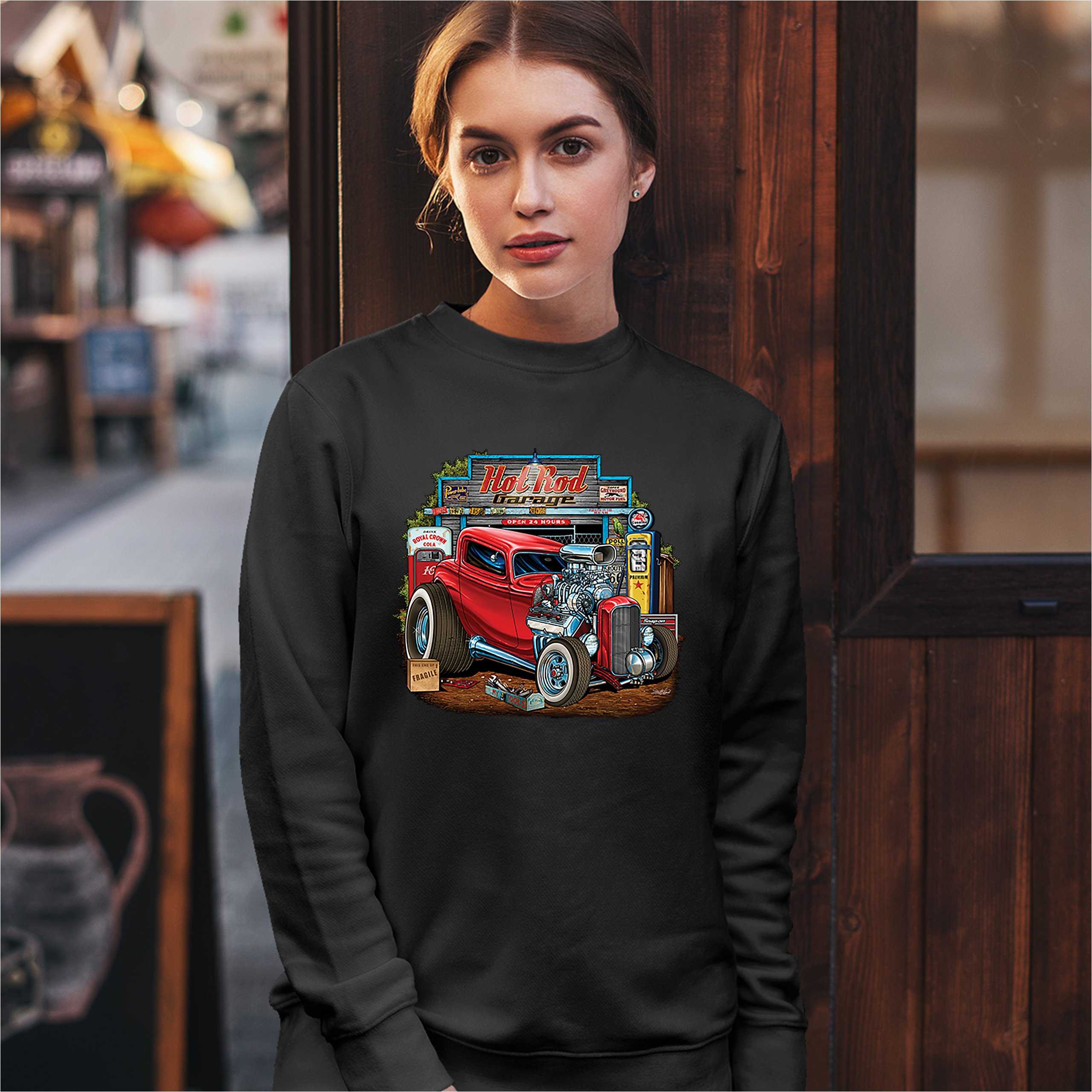 Hot Rod Garage Sweatshirt Route 66 Retro Vintage Drag Racing Car Crewneck