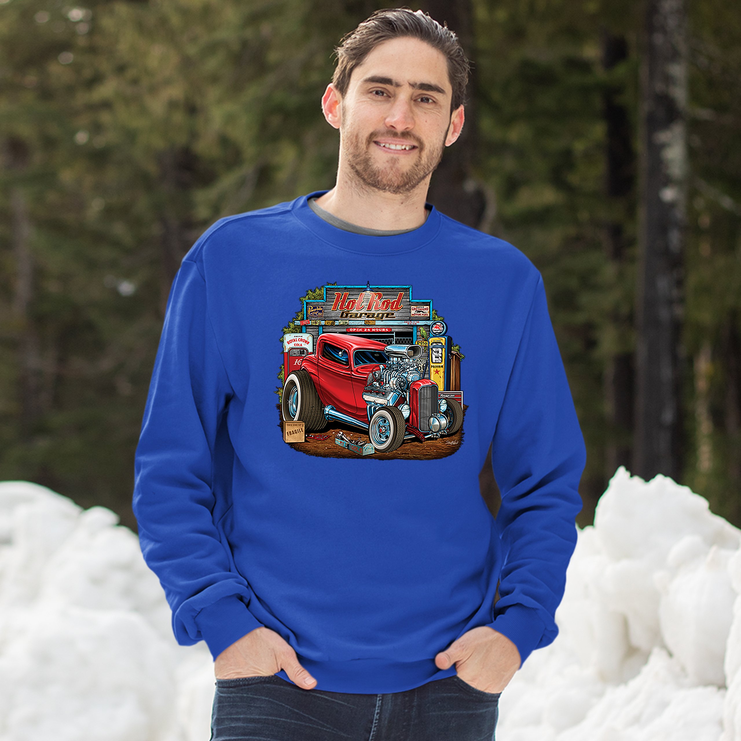 Hot Rod Garage Sweatshirt Route 66 Retro Vintage Drag Racing Car Crewneck