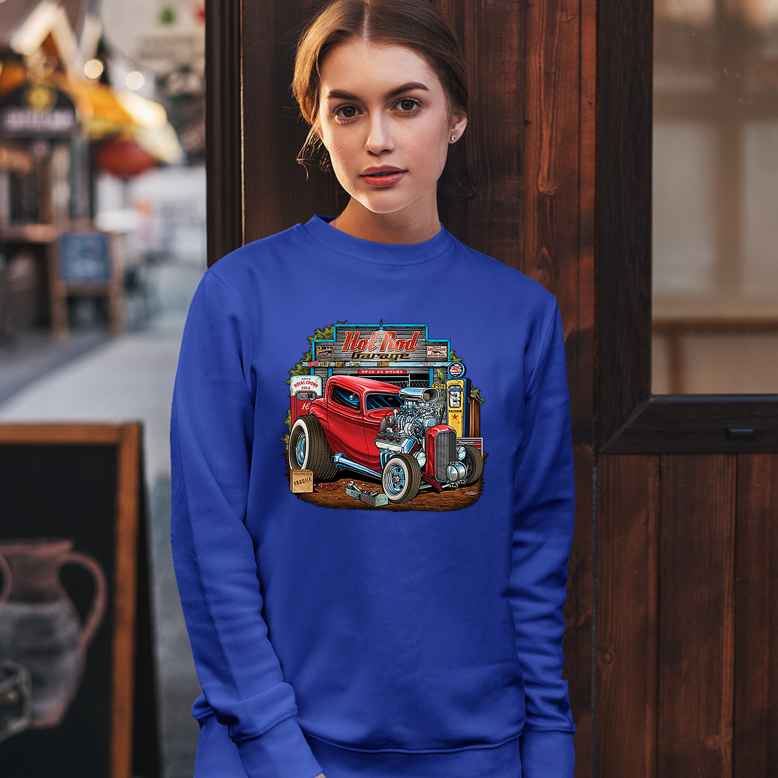 Hot Rod Garage Sweatshirt Route 66 Retro Vintage Drag Racing Car Crewneck