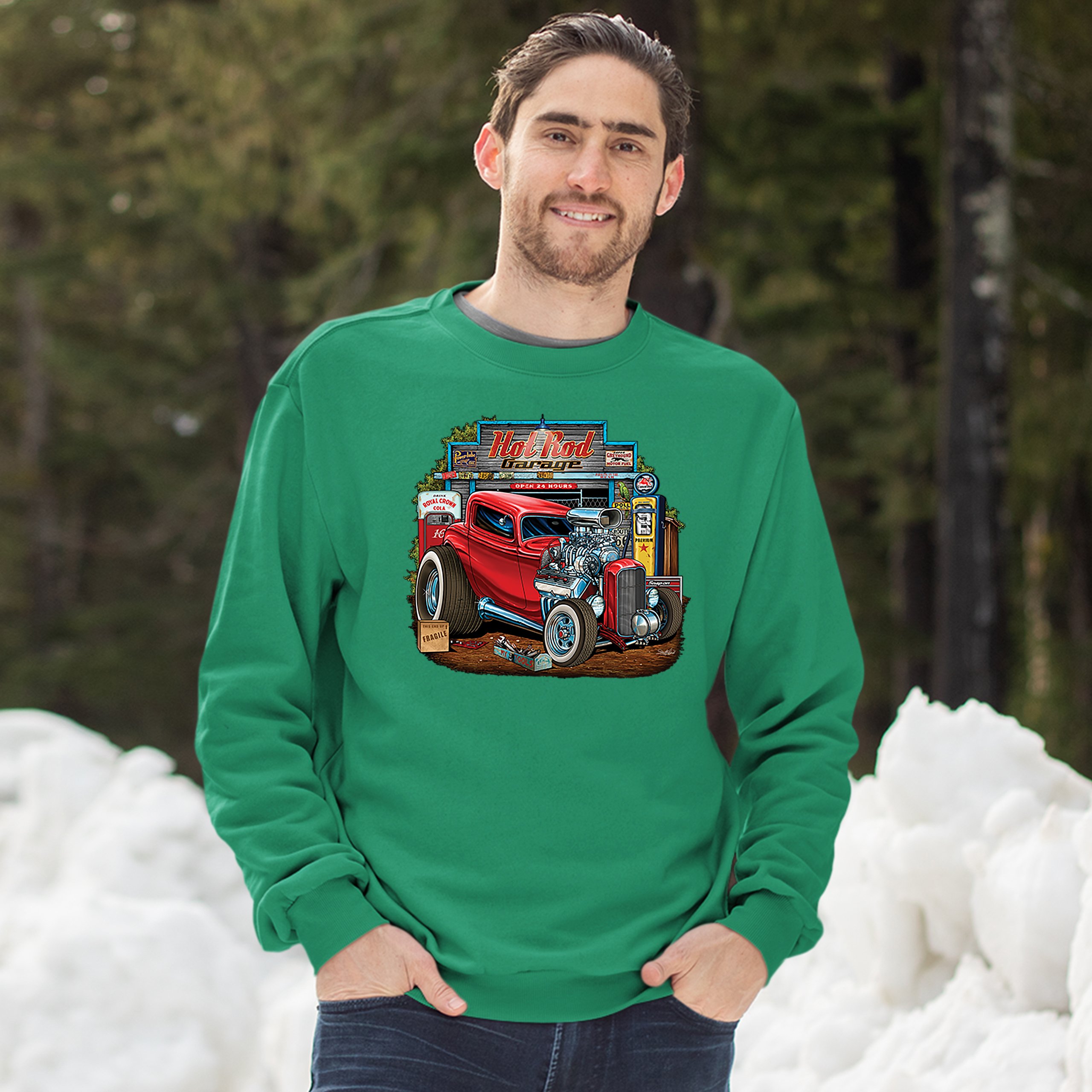 Hot Rod Garage Sweatshirt Route 66 Retro Vintage Drag Racing Car Crewneck