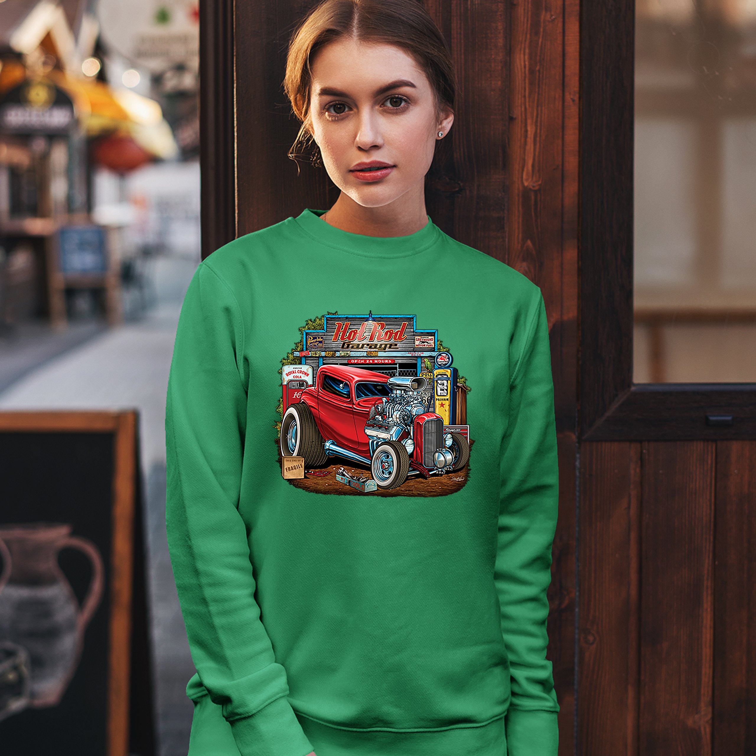 Hot Rod Garage Sweatshirt Route 66 Retro Vintage Drag Racing Car Crewneck