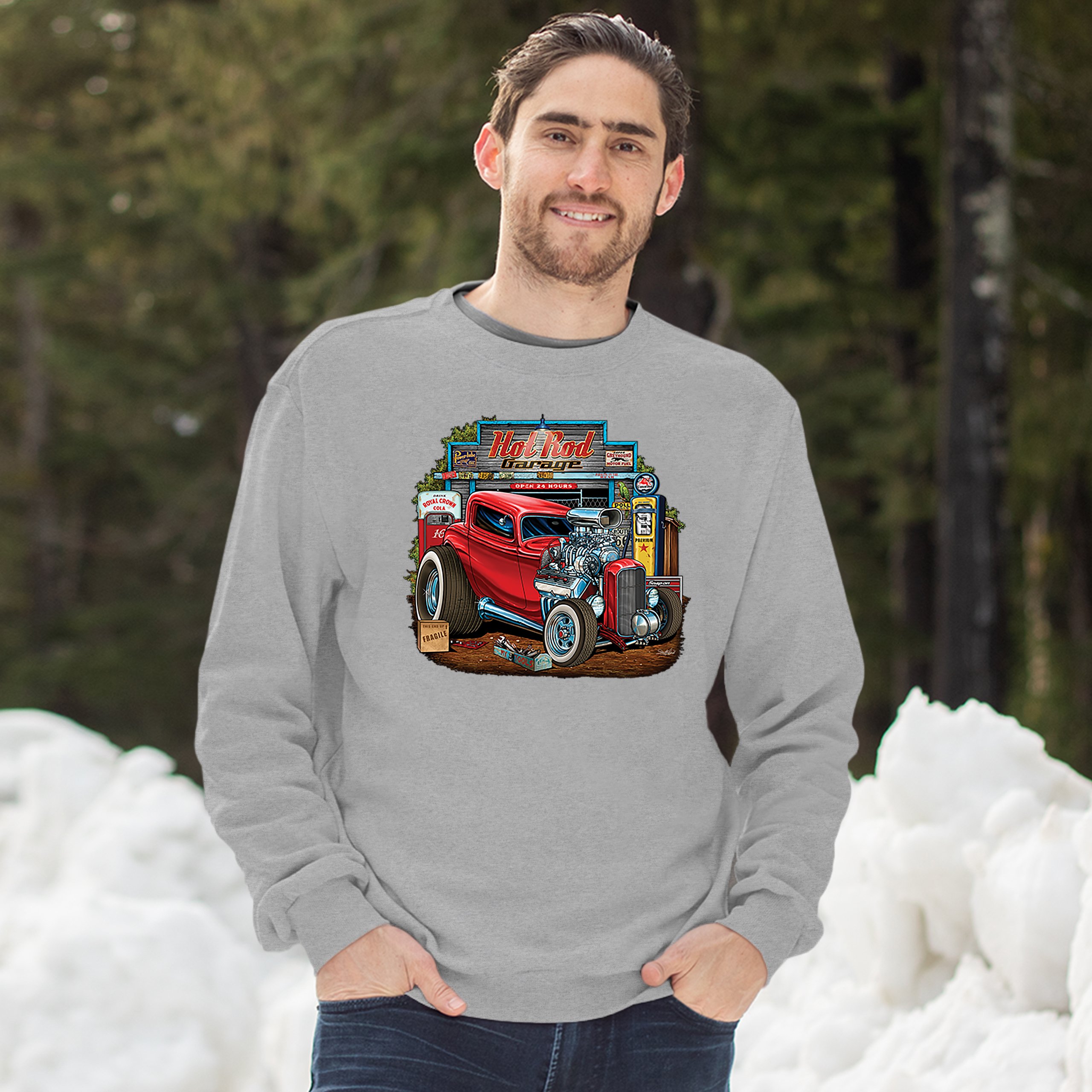 Hot Rod Garage Sweatshirt Route 66 Retro Vintage Drag Racing Car Crewneck