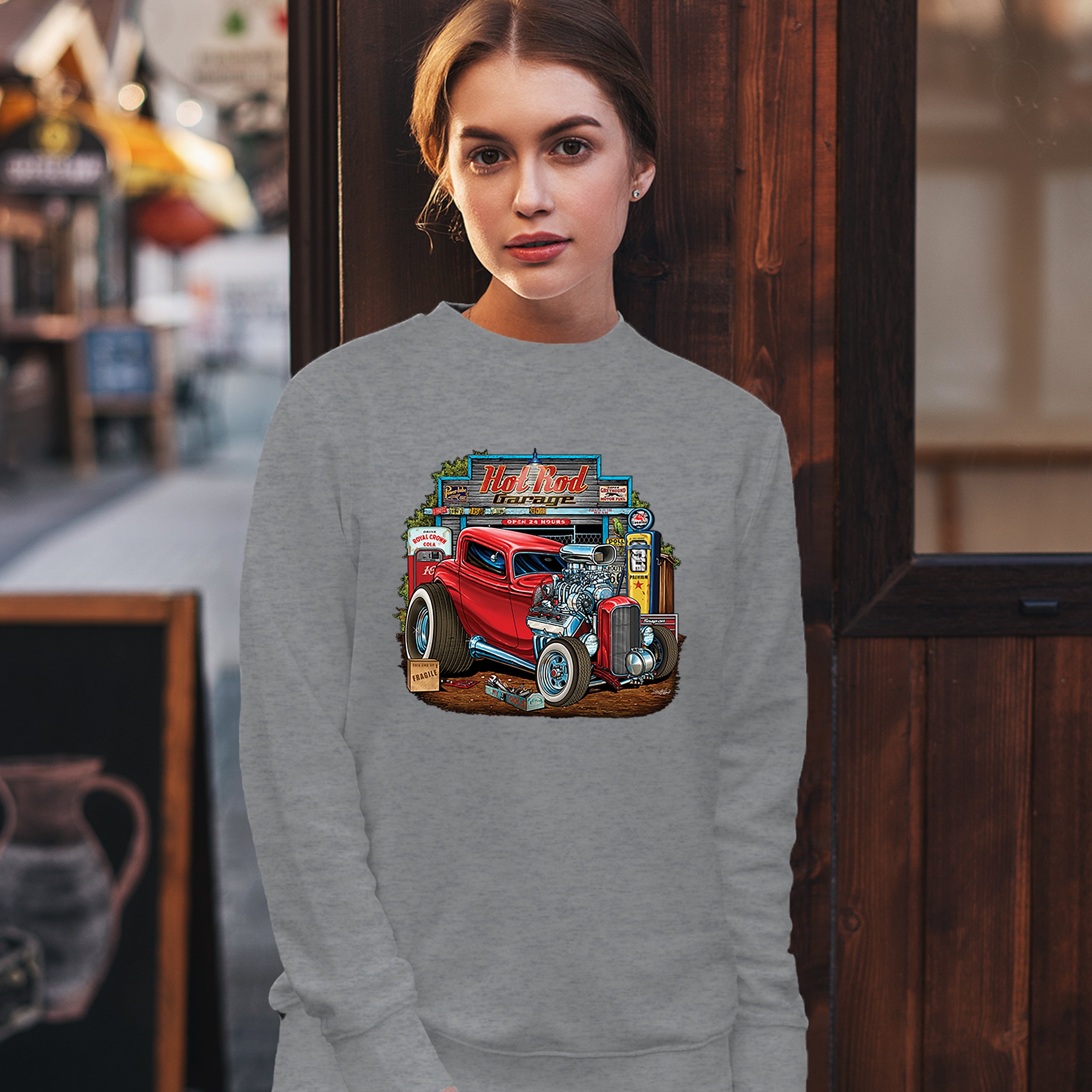 Hot Rod Garage Sweatshirt Route 66 Retro Vintage Drag Racing Car Crewneck