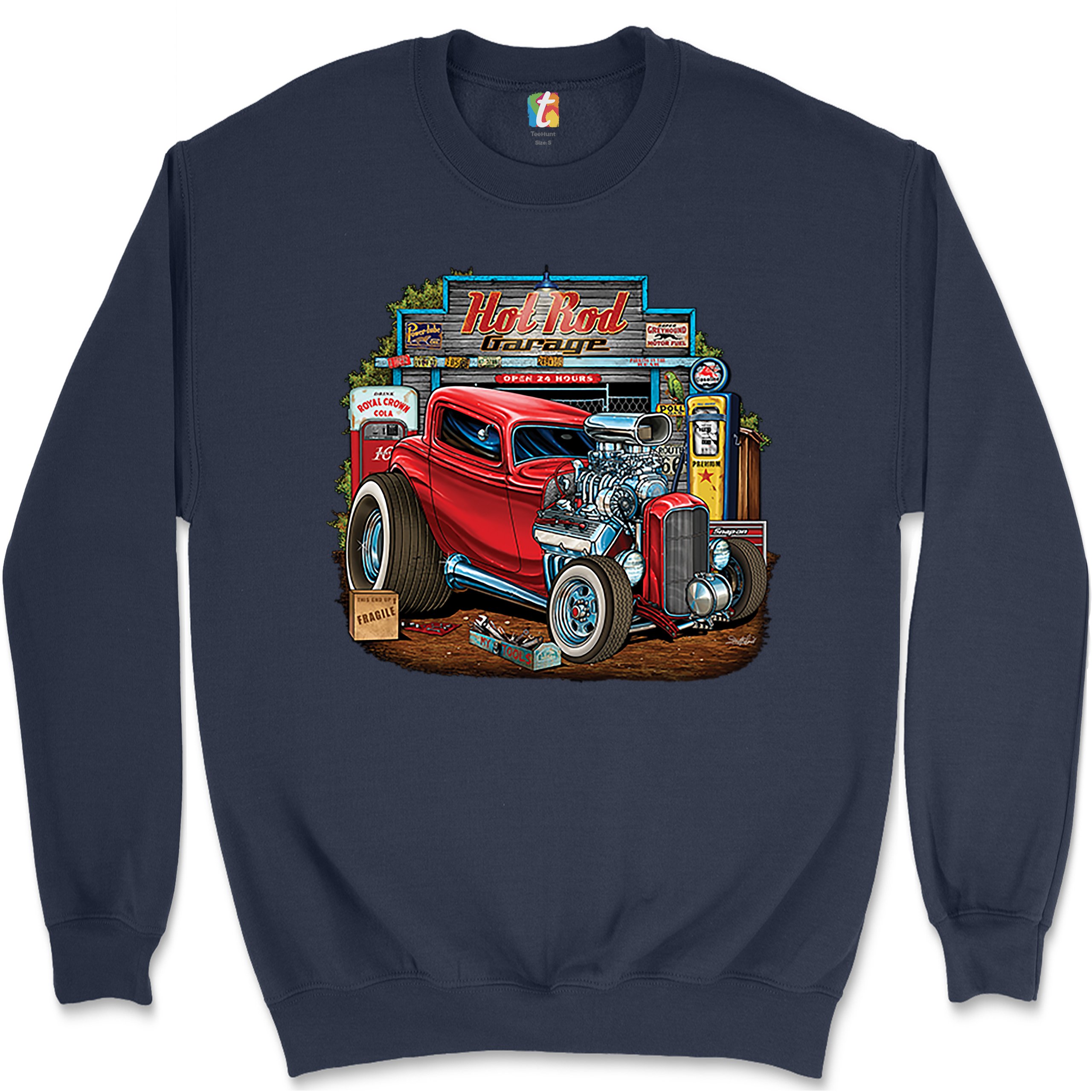 Hot Rod Garage Sweatshirt Route 66 Retro Vintage Drag Racing Car Crewneck