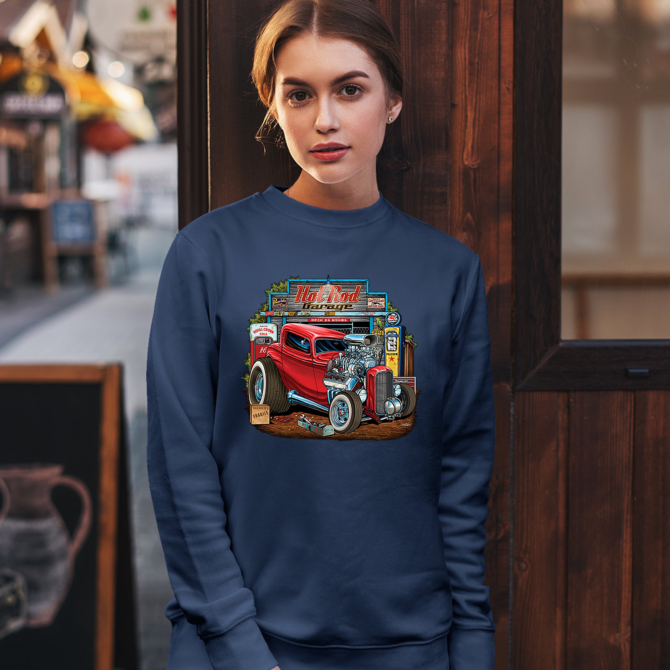 Hot Rod Garage Sweatshirt Route 66 Retro Vintage Drag Racing Car Crewneck