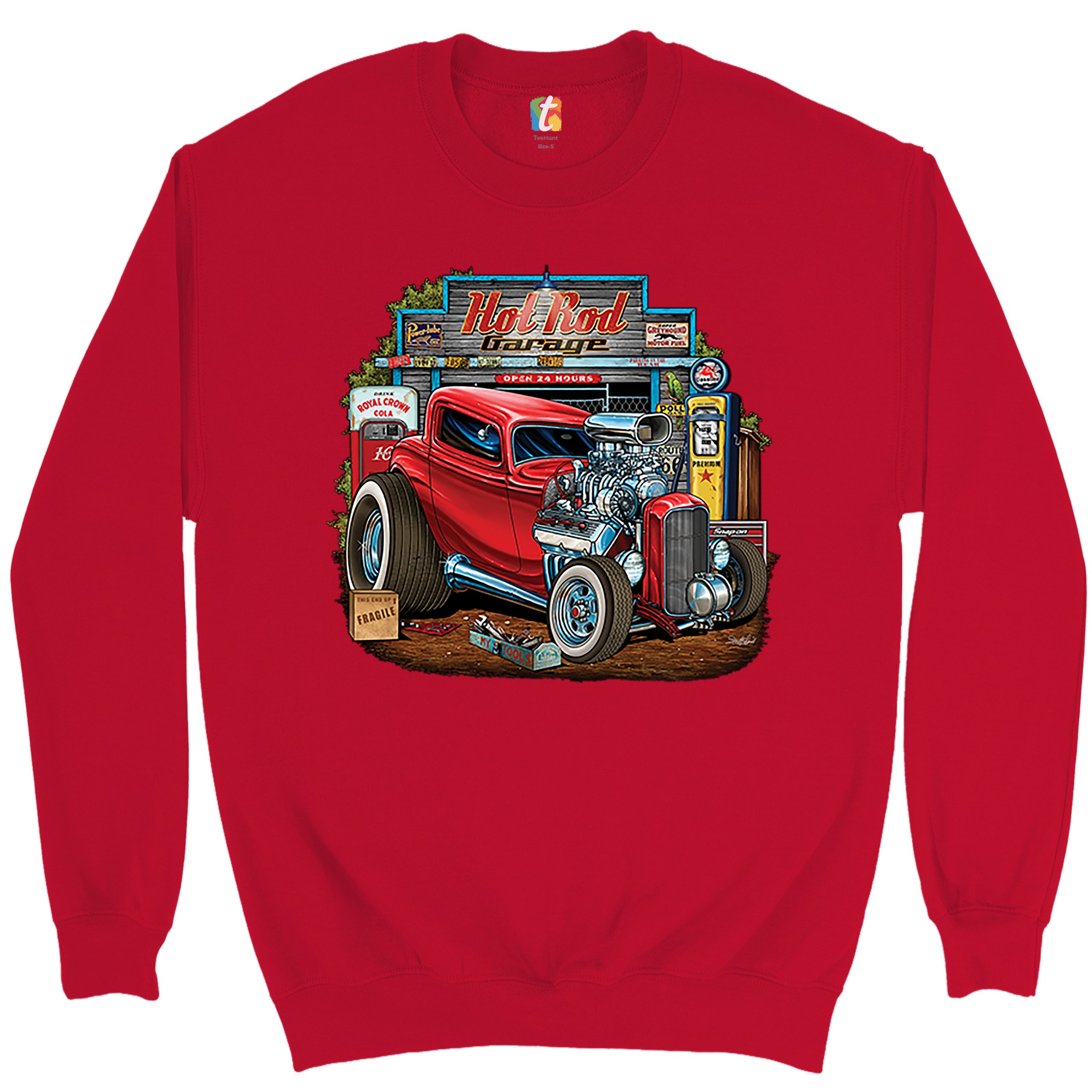 Hot Rod Garage Sweatshirt Route 66 Retro Vintage Drag Racing Car Crewneck