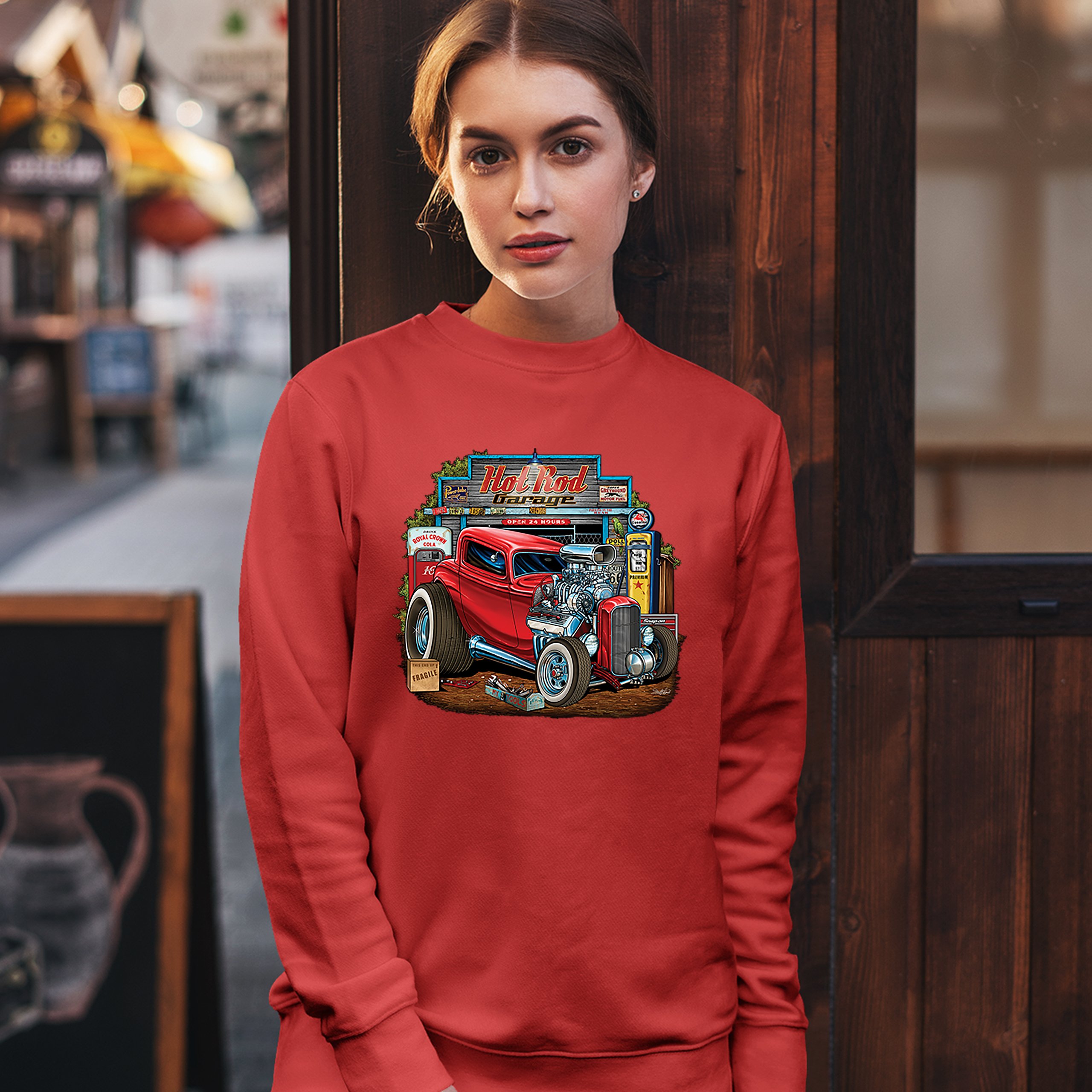 Hot Rod Garage Sweatshirt Route 66 Retro Vintage Drag Racing Car Crewneck