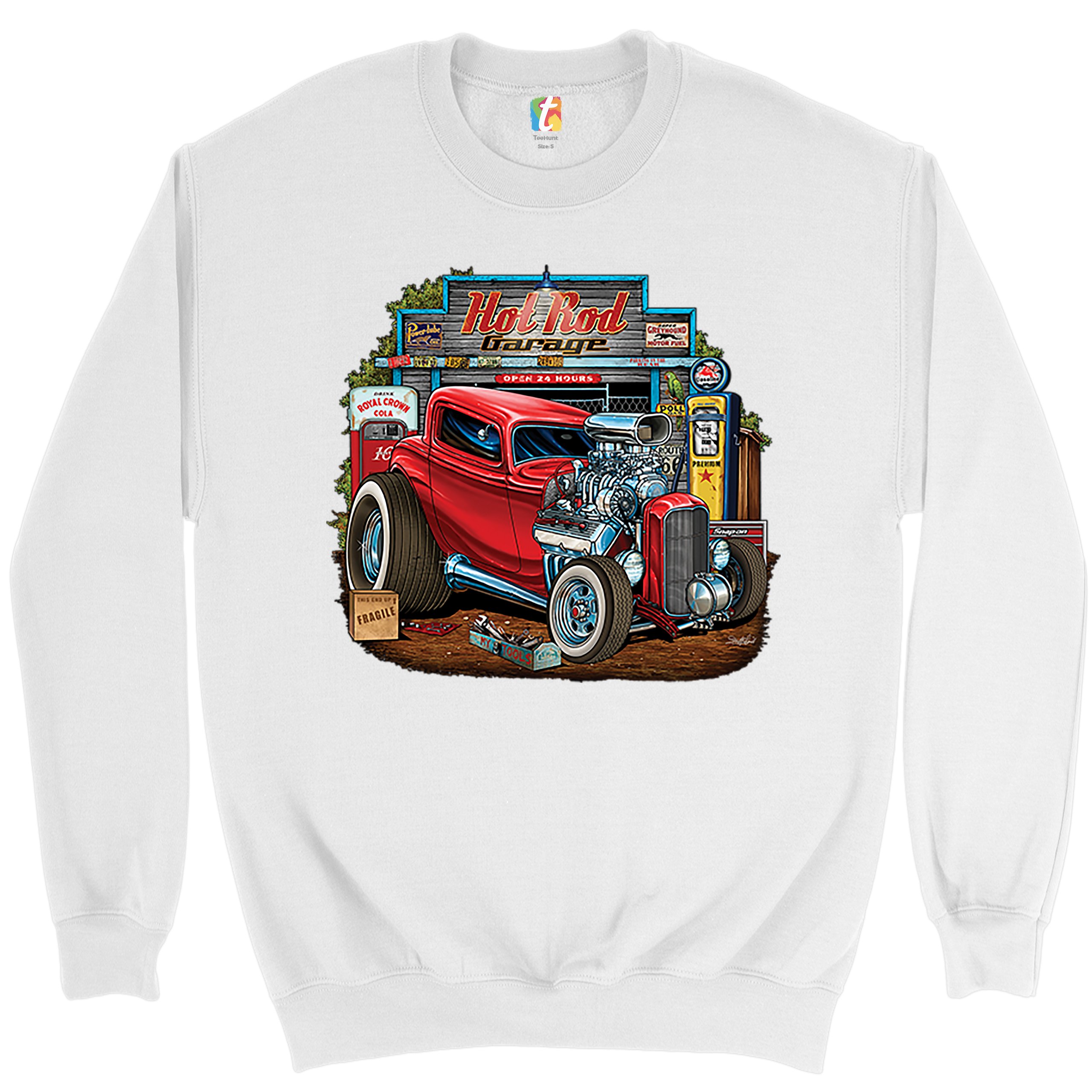 Hot Rod Garage Sweatshirt Route 66 Retro Vintage Drag Racing Car Crewneck