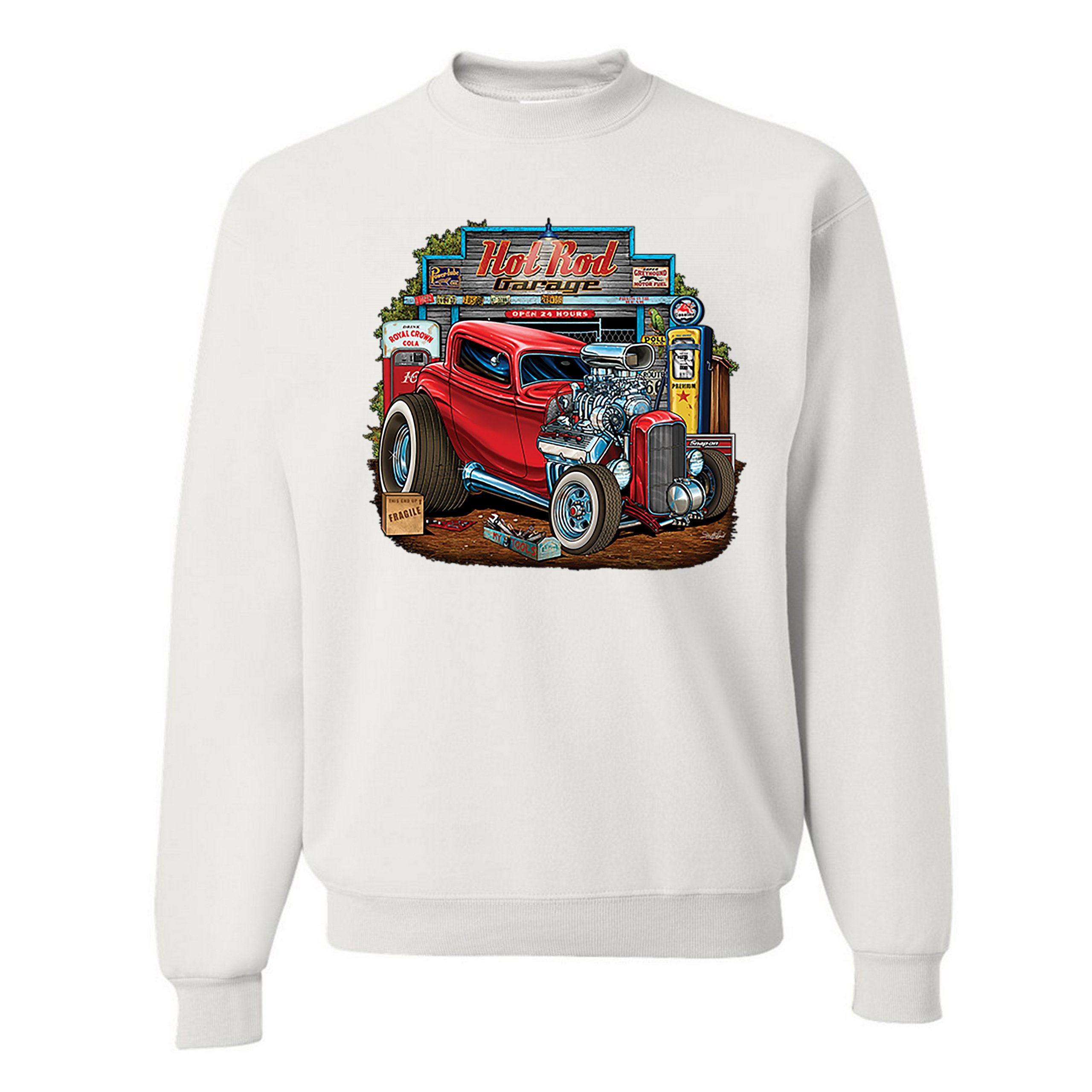 Hot Rod Garage Sweatshirt Route 66 Retro Vintage Drag Racing Car Crewneck