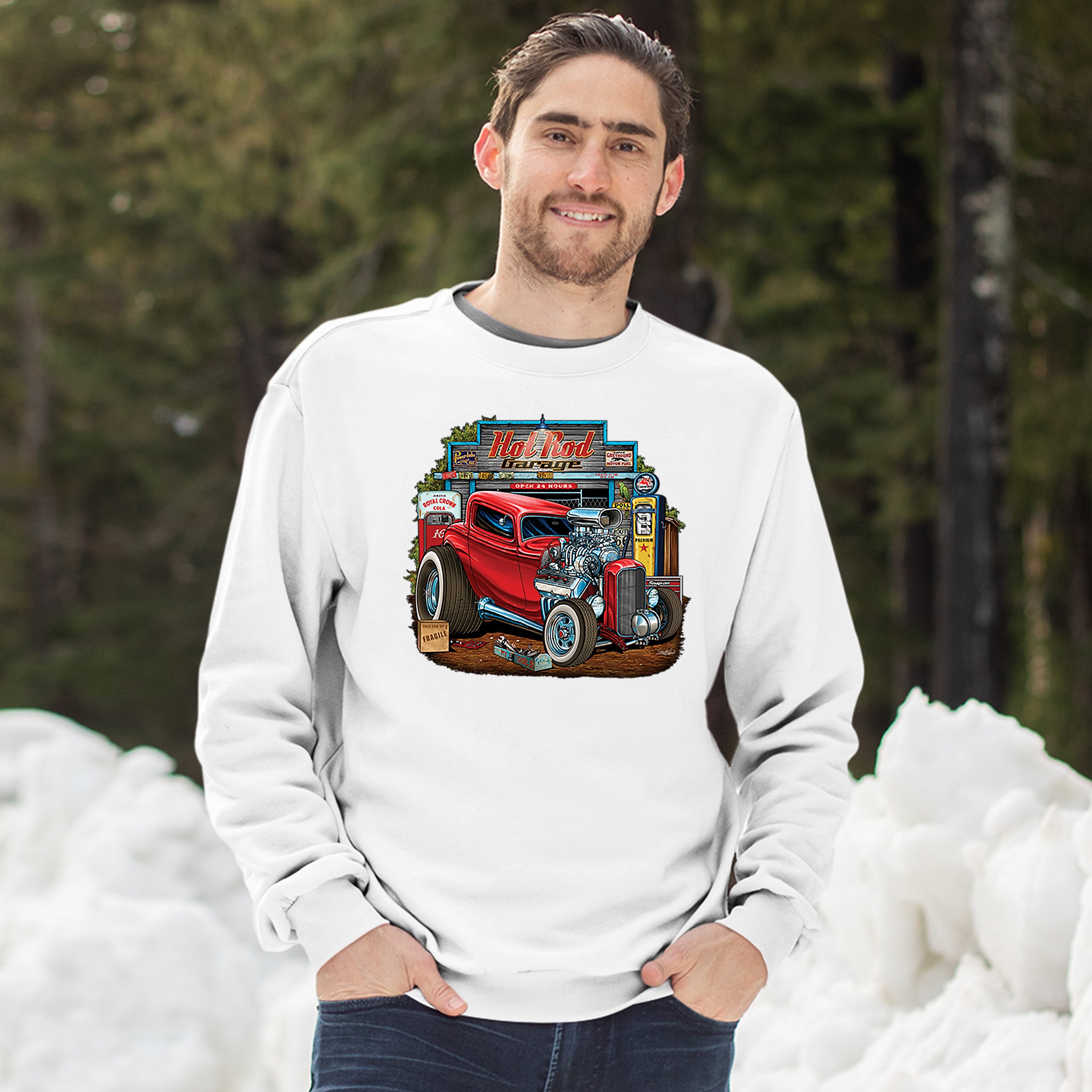 Hot Rod Garage Sweatshirt Route 66 Retro Vintage Drag Racing Car Crewneck