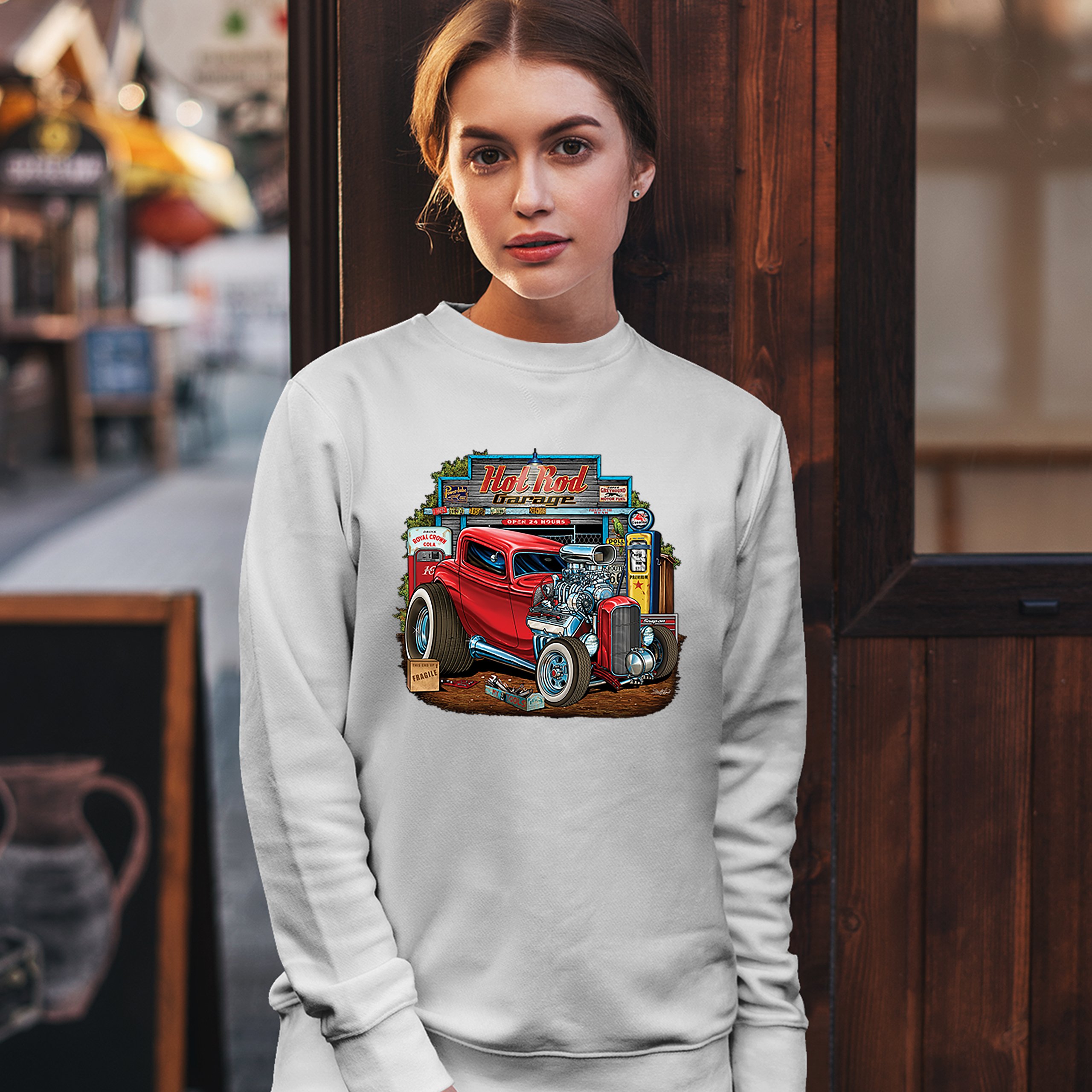 Hot Rod Garage Sweatshirt Route 66 Retro Vintage Drag Racing Car Crewneck