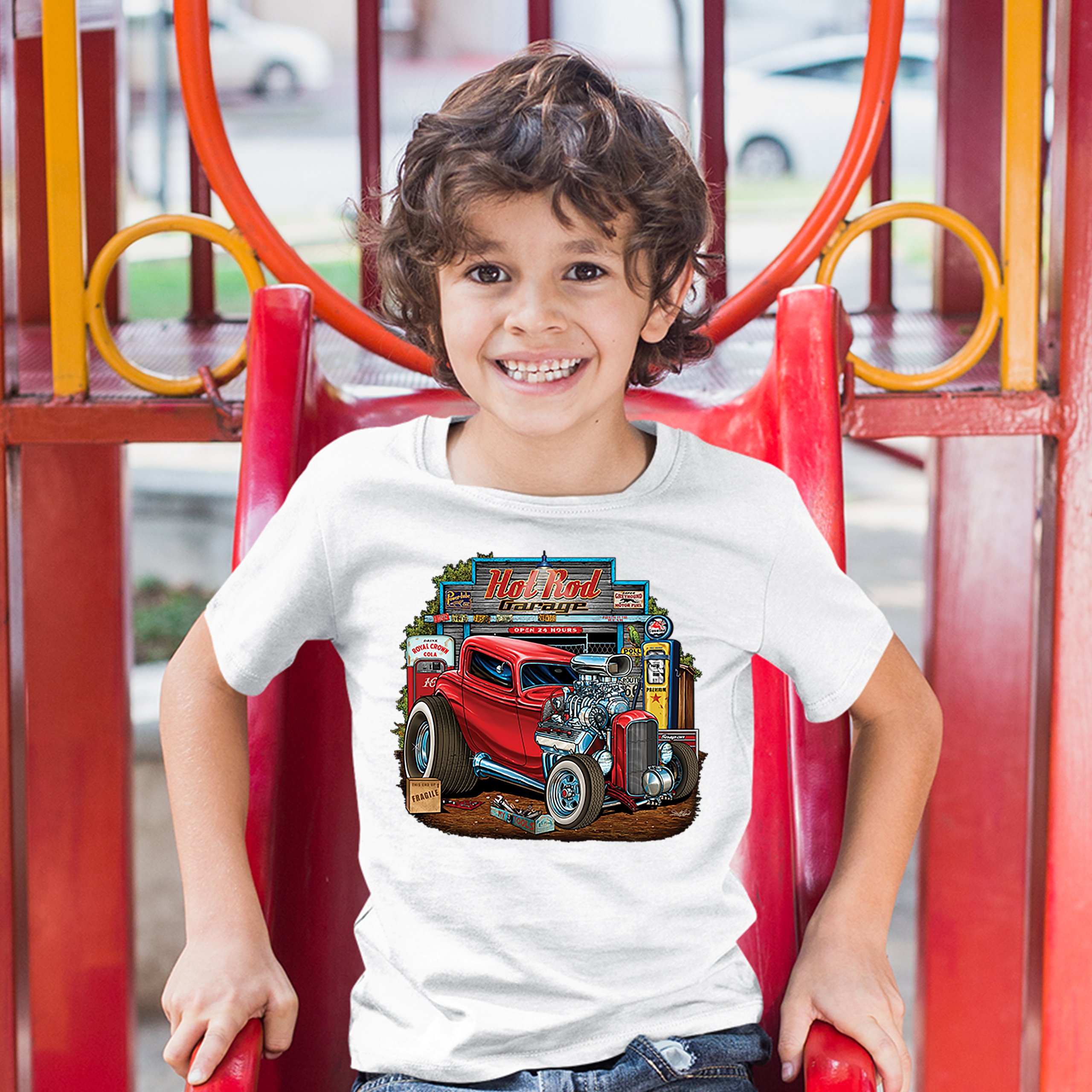 Hot Rod Garage Youth T-shirt Route 66 Retro Vintage Drag Racing Car Kids - Picture 17 of 29