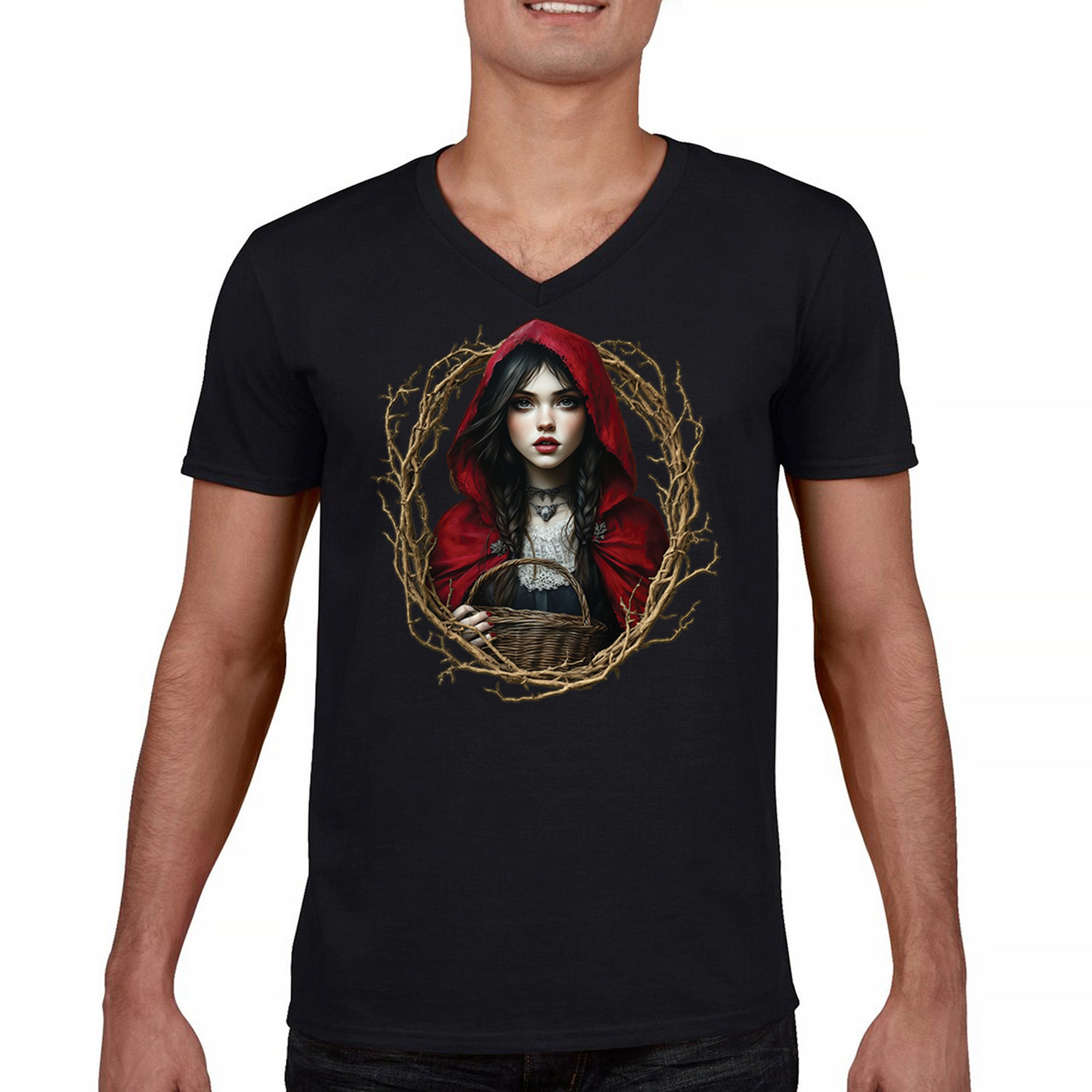Storybook Red Riding Hood V-Neck T-shirt Gothic Fairytale Cute Little Girl Tee