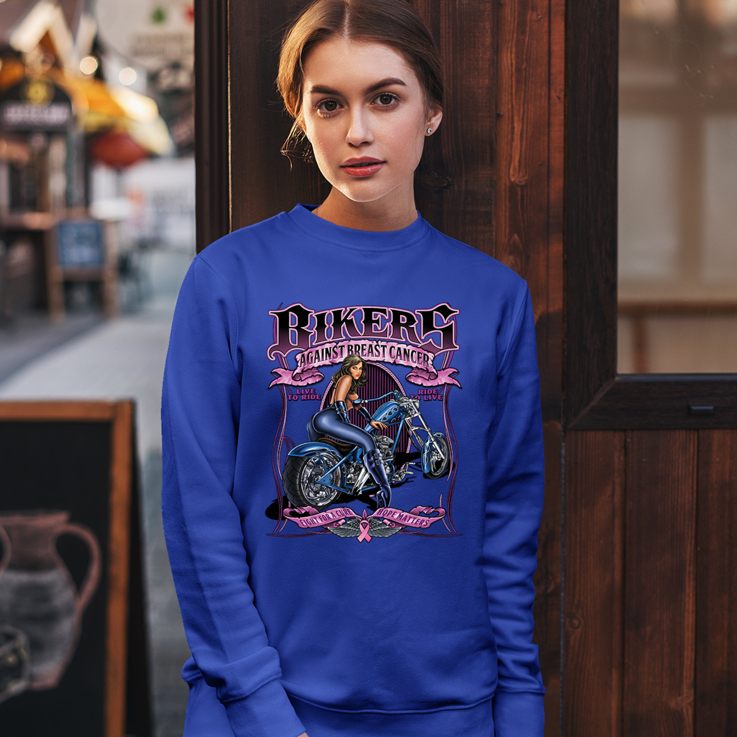 Bikers Against Breast Cancer Sweatshirt Fight for a Cure Hope Matters Crewneck - Picture 36 of 36