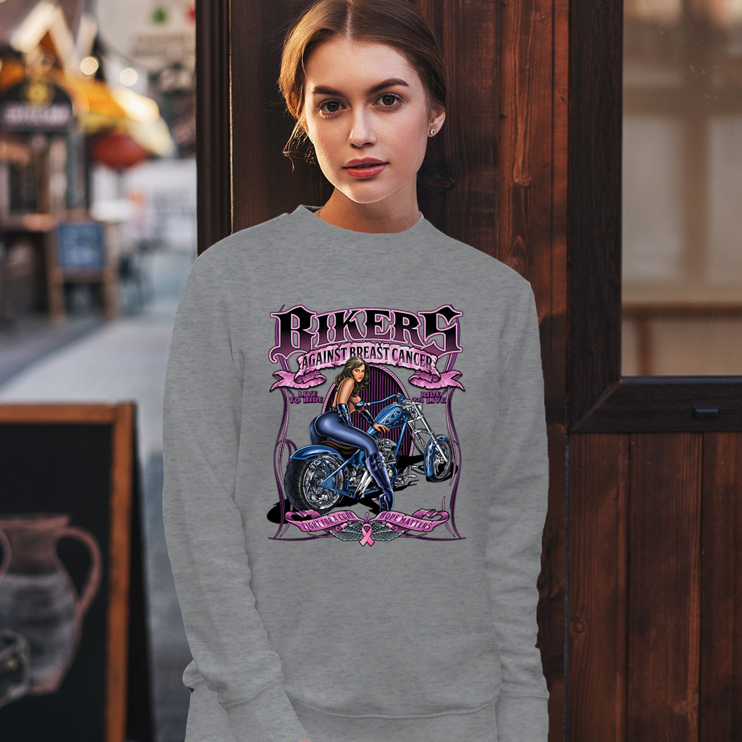 Bikers Against Breast Cancer Sweatshirt Fight for a Cure Hope Matters Crewneck - Picture 11 of 36