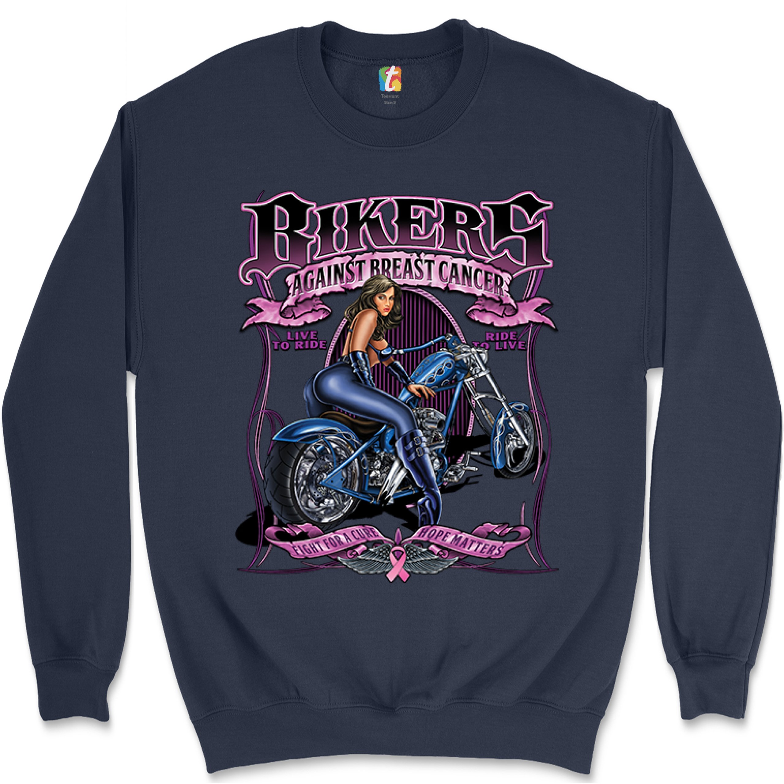 Bikers Against Breast Cancer Sweatshirt Fight for a Cure Hope Matters Crewneck - Picture 22 of 36