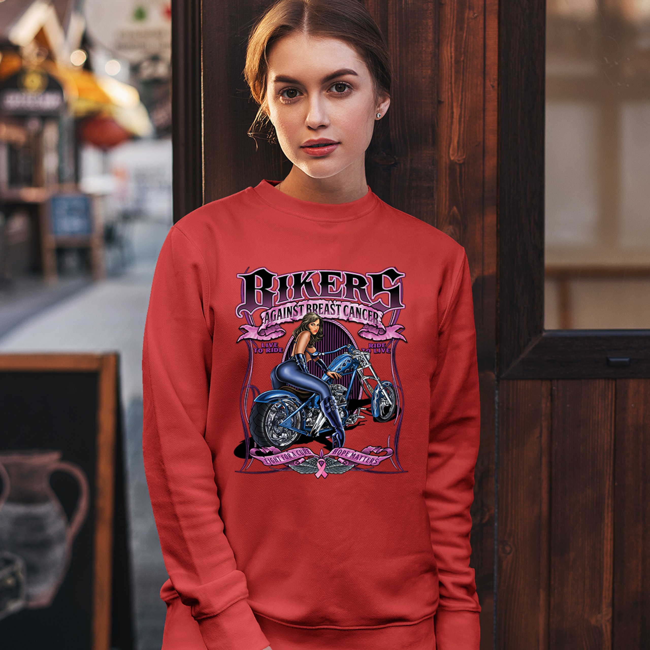 Bikers Against Breast Cancer Sweatshirt Fight for a Cure Hope Matters Crewneck - Picture 16 of 36