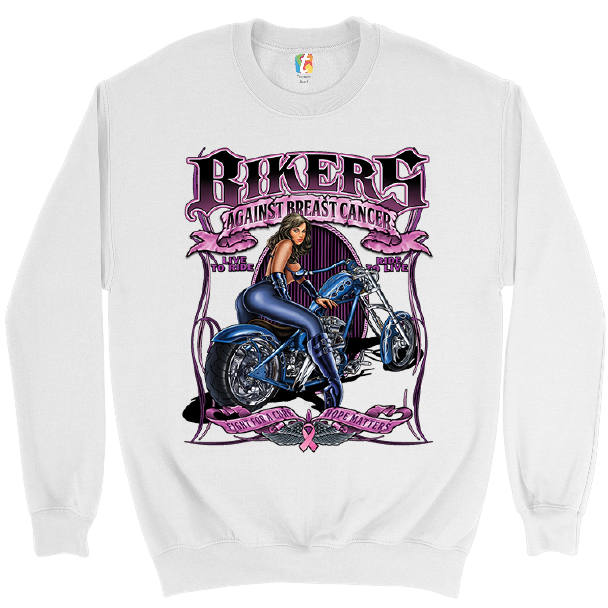 Bikers Against Breast Cancer Sweatshirt Fight for a Cure Hope Matters Crewneck - Picture 17 of 36