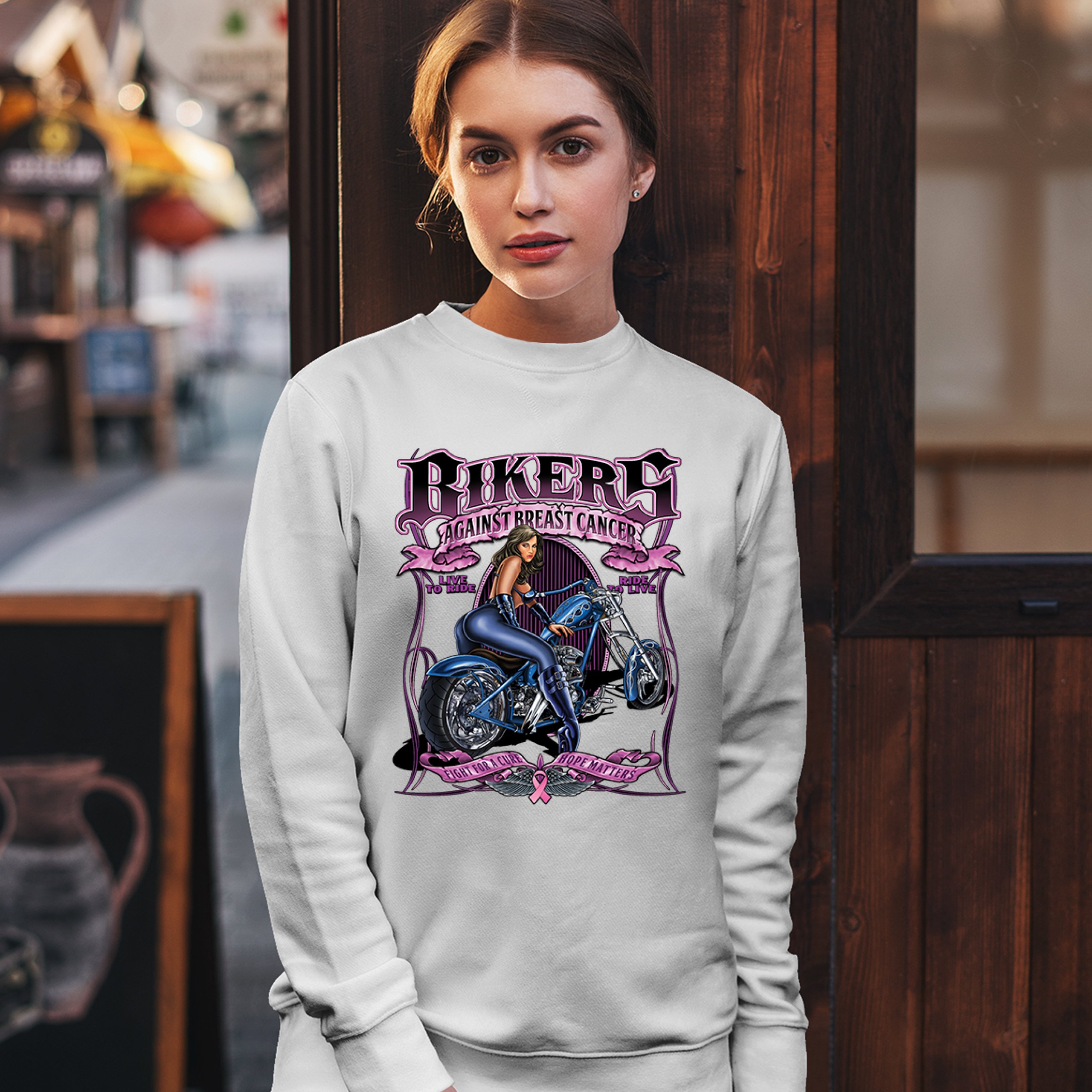 Bikers Against Breast Cancer Sweatshirt Fight for a Cure Hope Matters Crewneck - Picture 21 of 36