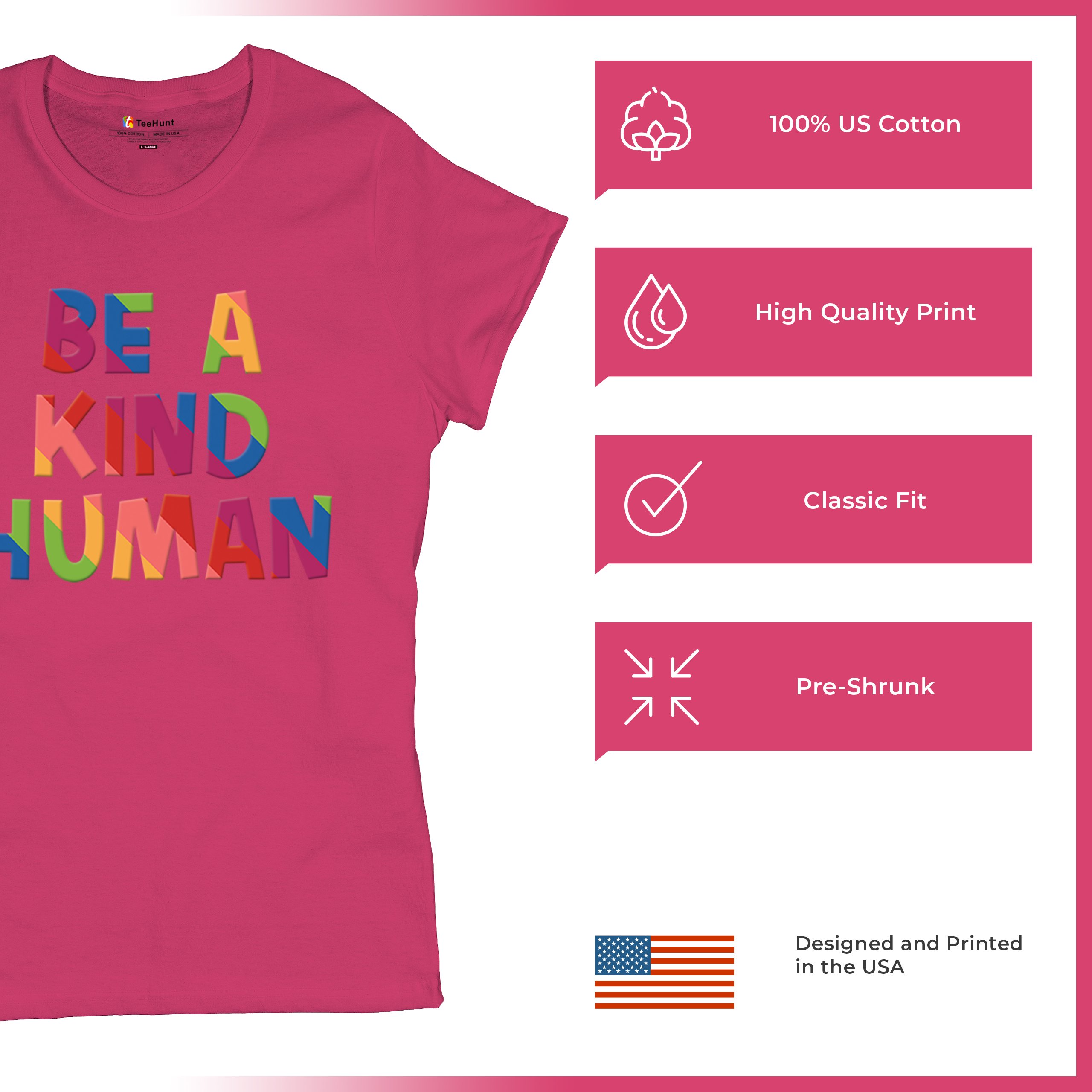 Be a Kind Human Puff Print T-Shirt Positive Message Diversity Peace Women's Tee - Picture 49 of 50