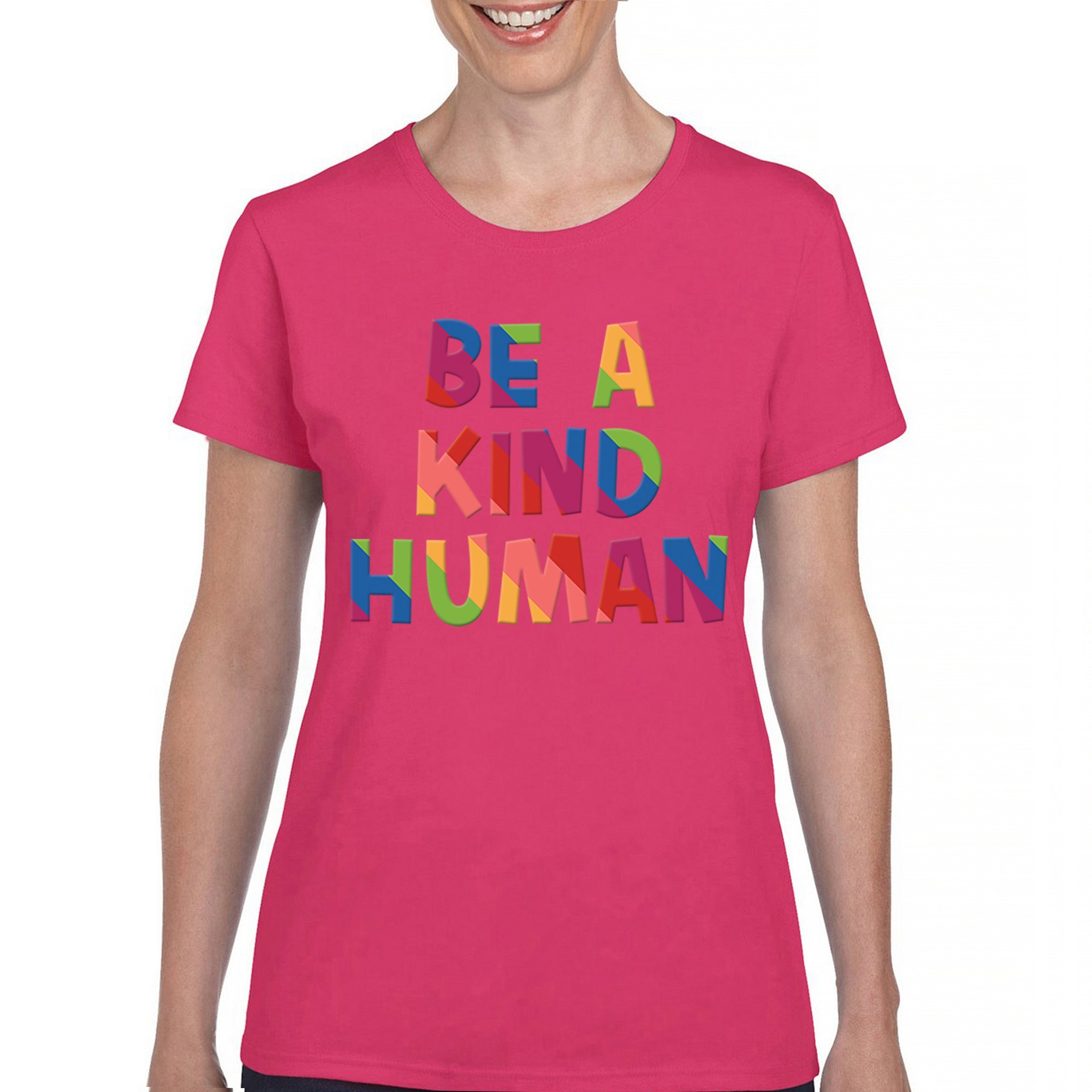 Be a Kind Human Puff Print T-Shirt Positive Message Diversity Peace Women's Tee - Picture 44 of 50