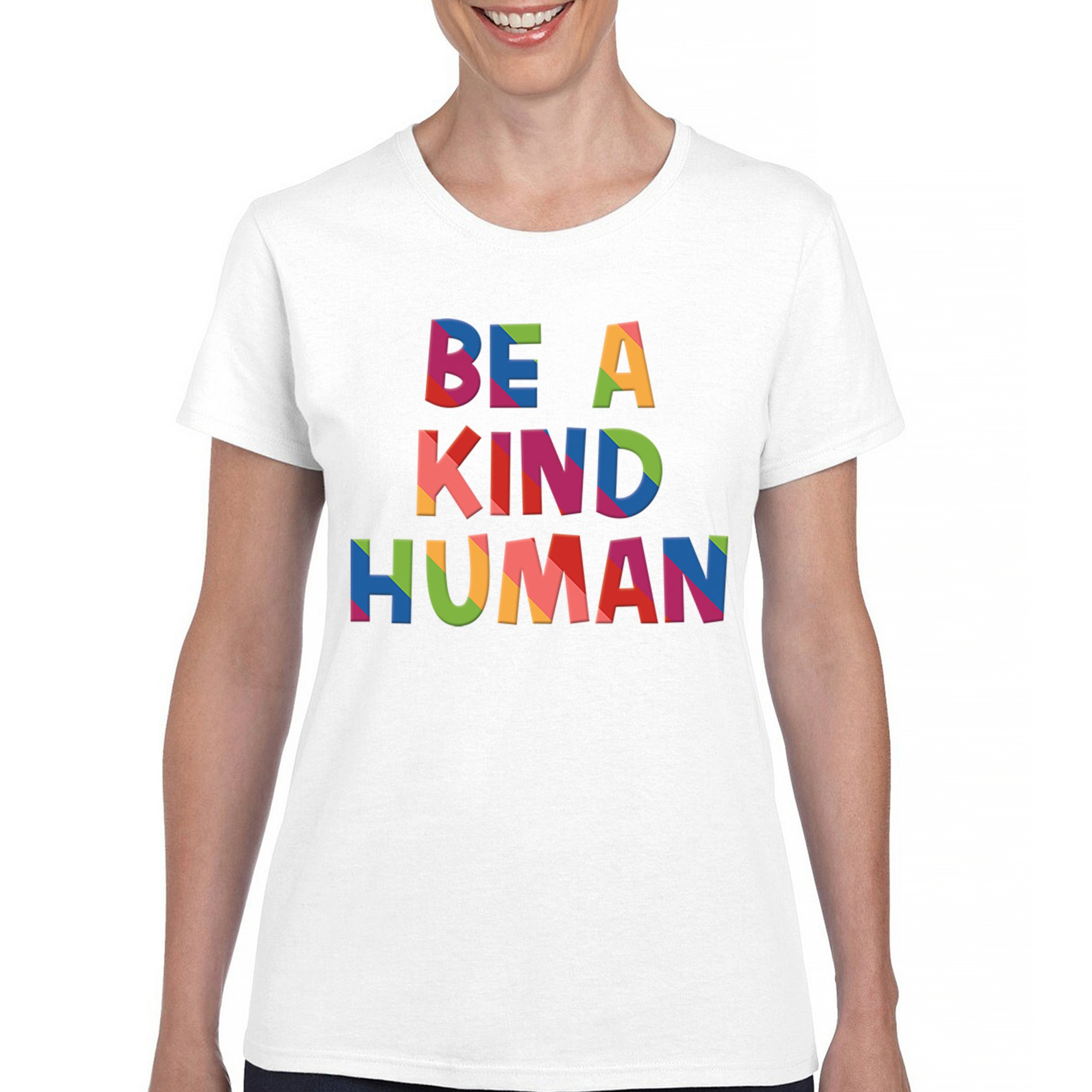 Be a Kind Human Puff Print T-Shirt Positive Message Diversity Peace Women's Tee - Picture 23 of 50