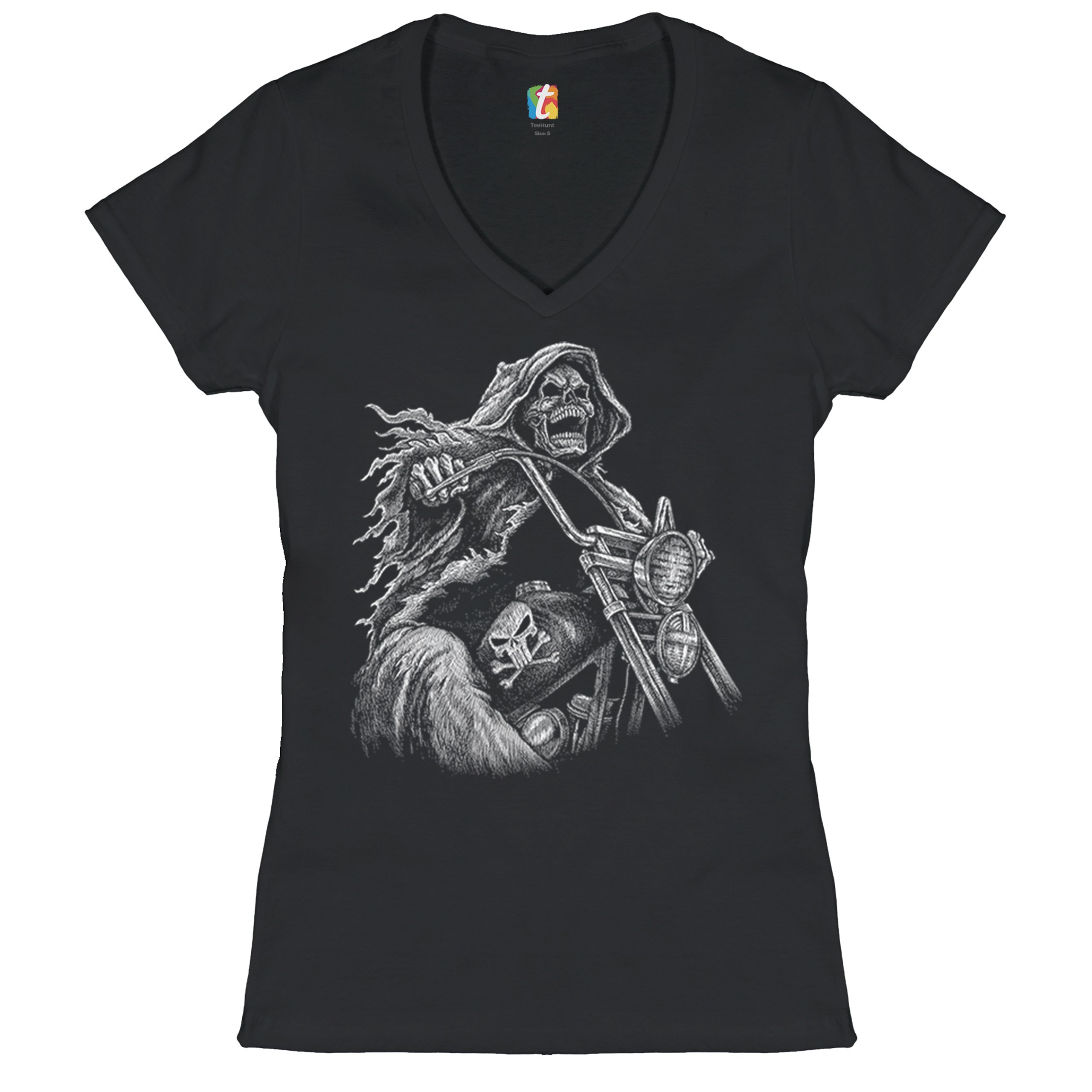 Reaper Biker Women's V-Neck T-shirt Ride or Die Skeleton Biker Forever Tee