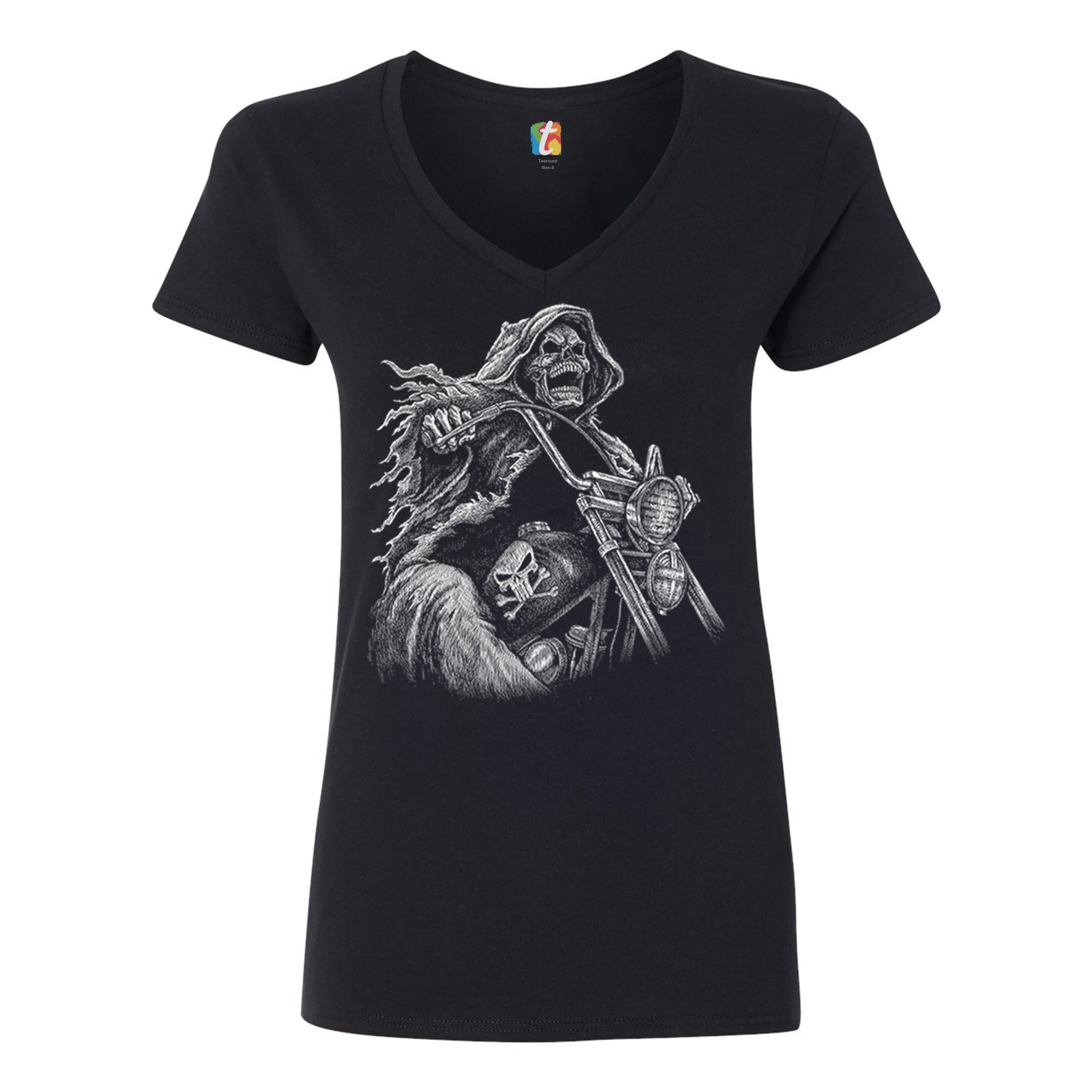 Reaper Biker Women's V-Neck T-shirt Ride or Die Skeleton Biker Forever Tee