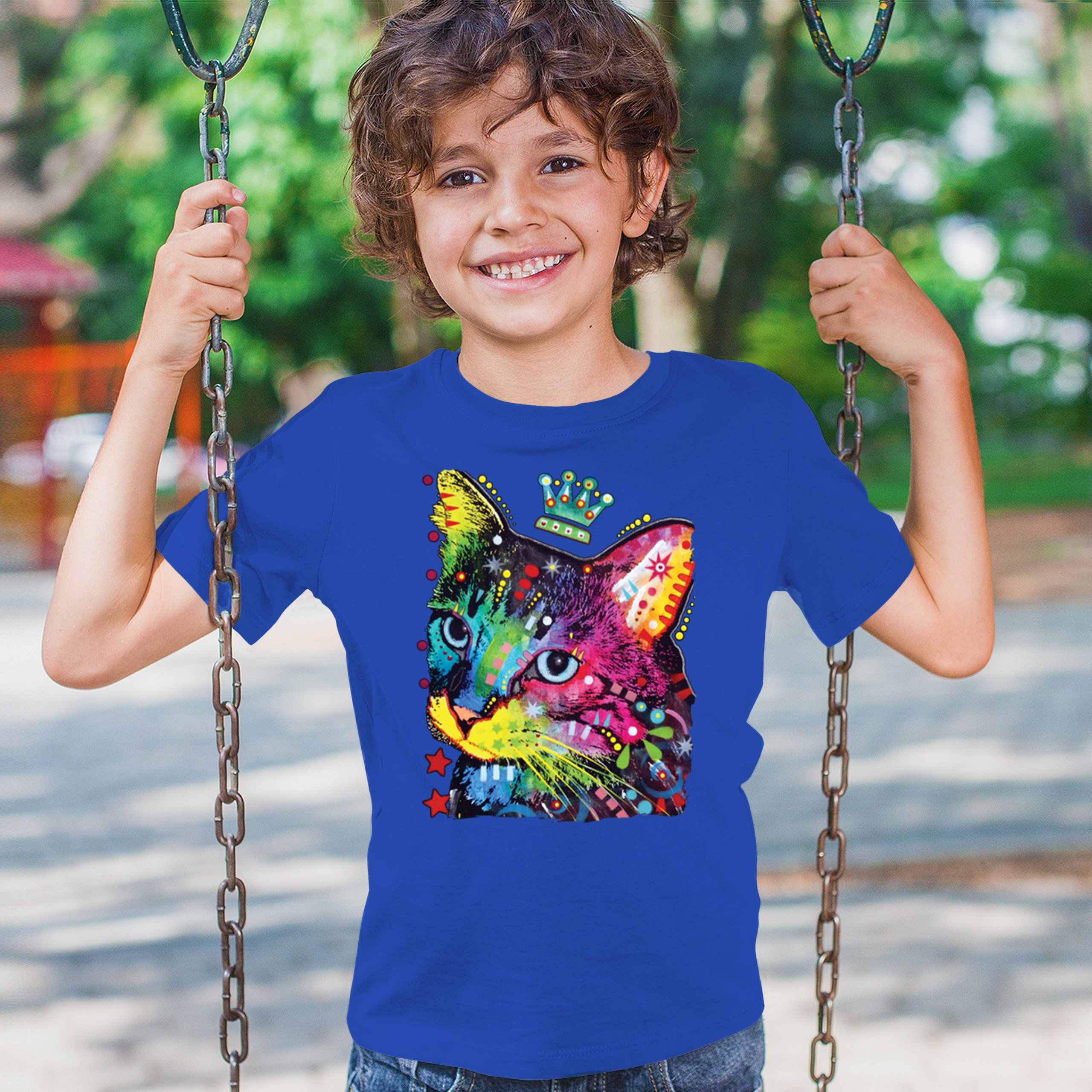 Cute Thinking Crowned Cat Youth T-shirt Dean Russo Colorful Kitten Kids - Picture 40 of 50