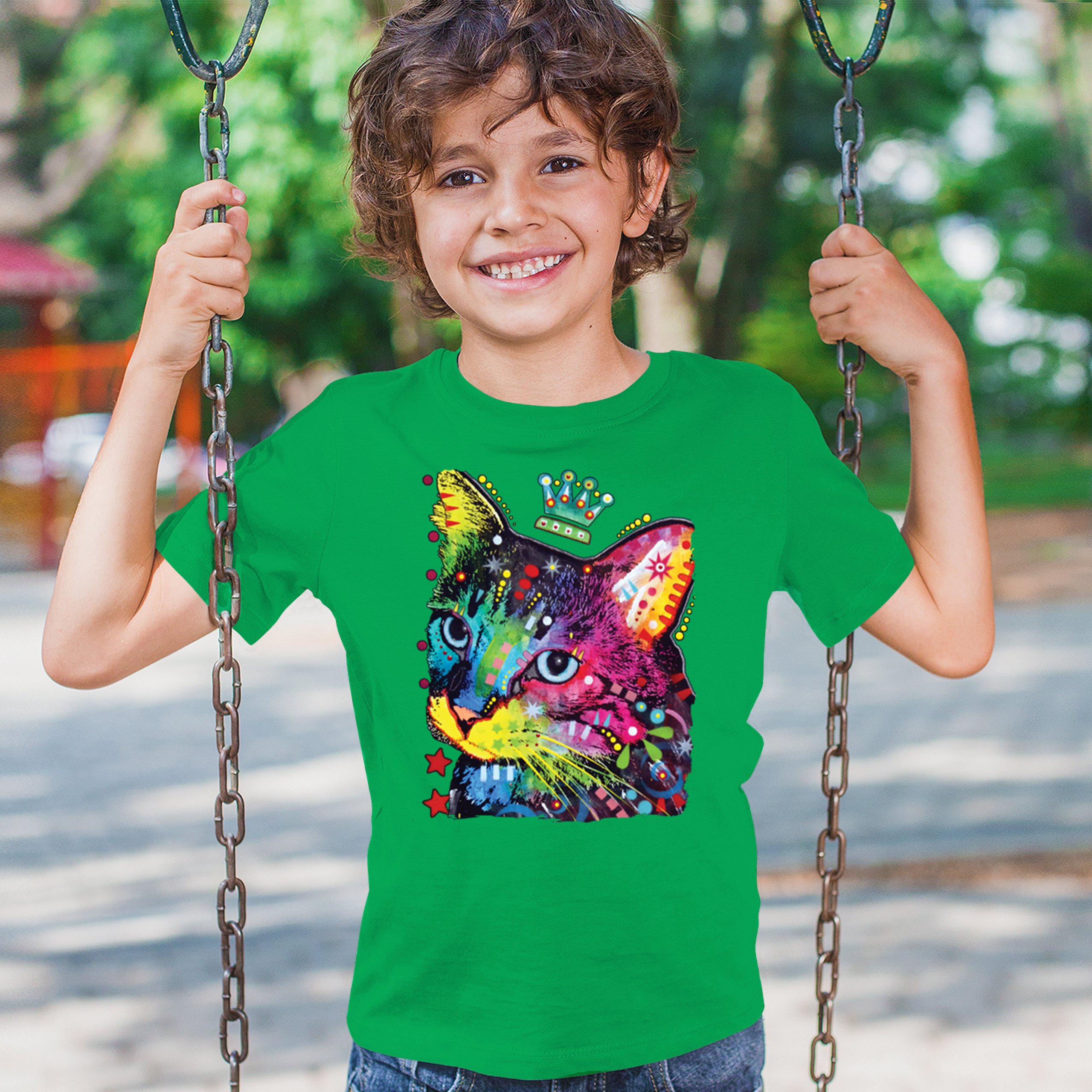 Cute Thinking Crowned Cat Youth T-shirt Dean Russo Colorful Kitten Kids - Picture 33 of 50