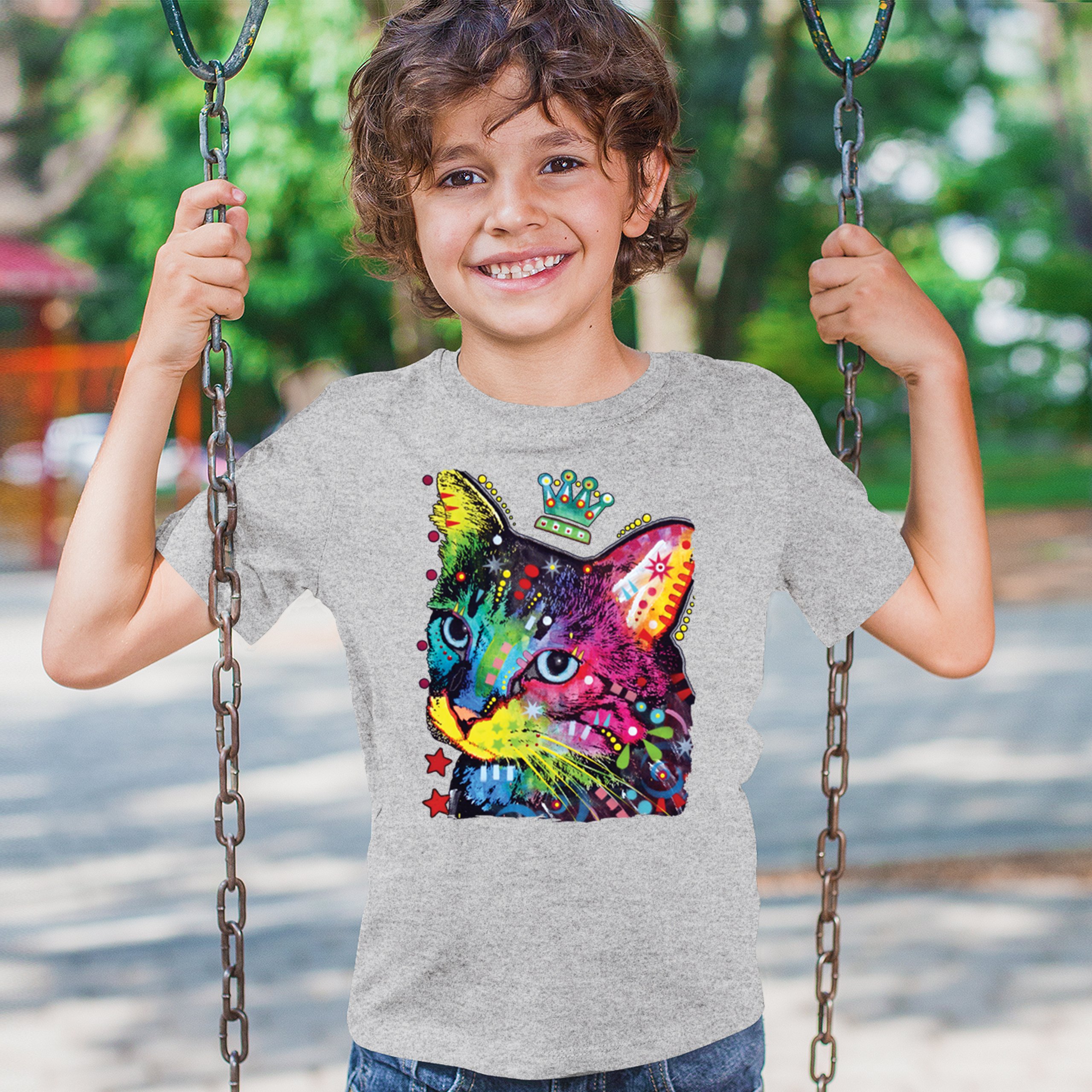 Cute Thinking Crowned Cat Youth T-shirt Dean Russo Colorful Kitten Kids - Picture 12 of 50