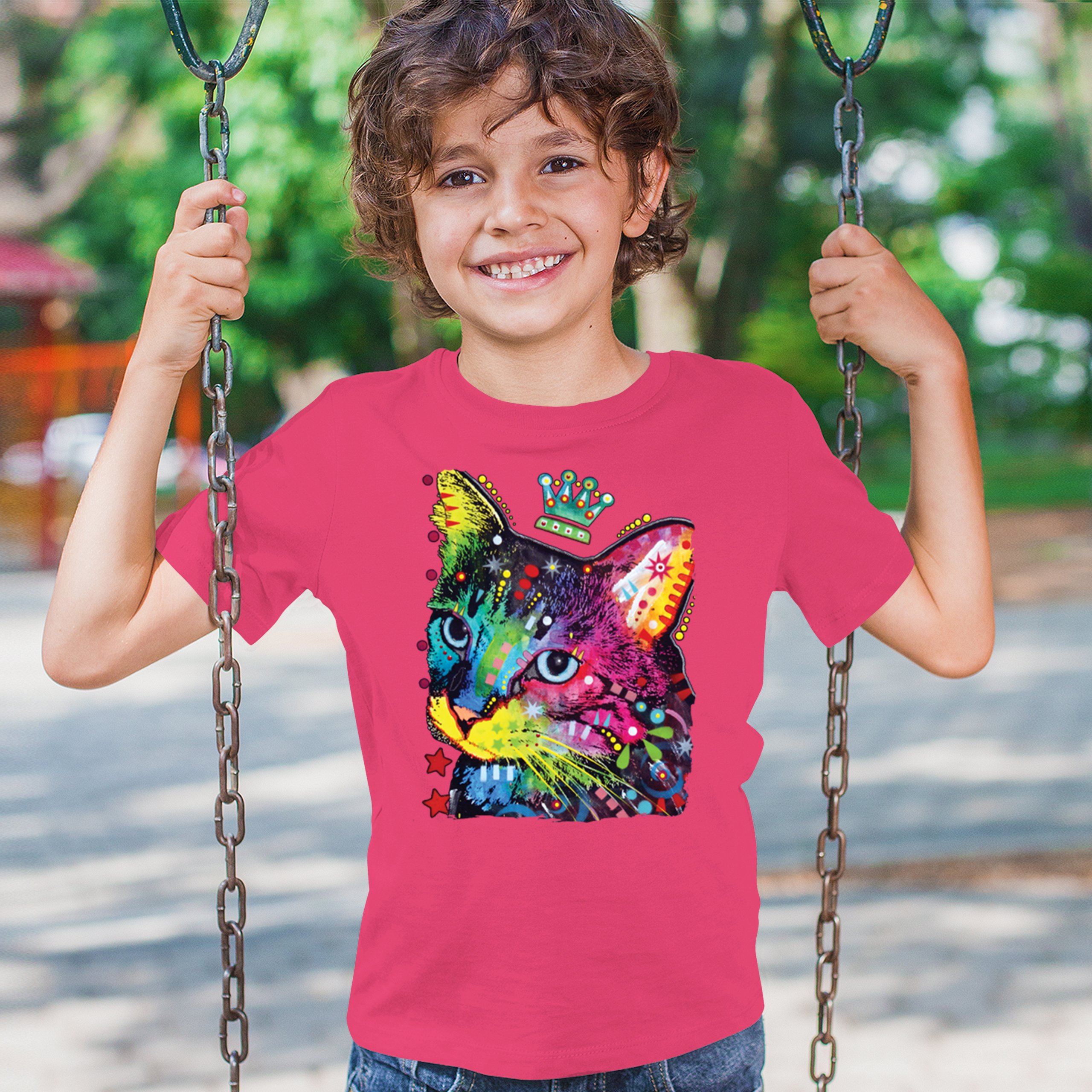 Cute Thinking Crowned Cat Youth T-shirt Dean Russo Colorful Kitten Kids - Picture 47 of 50