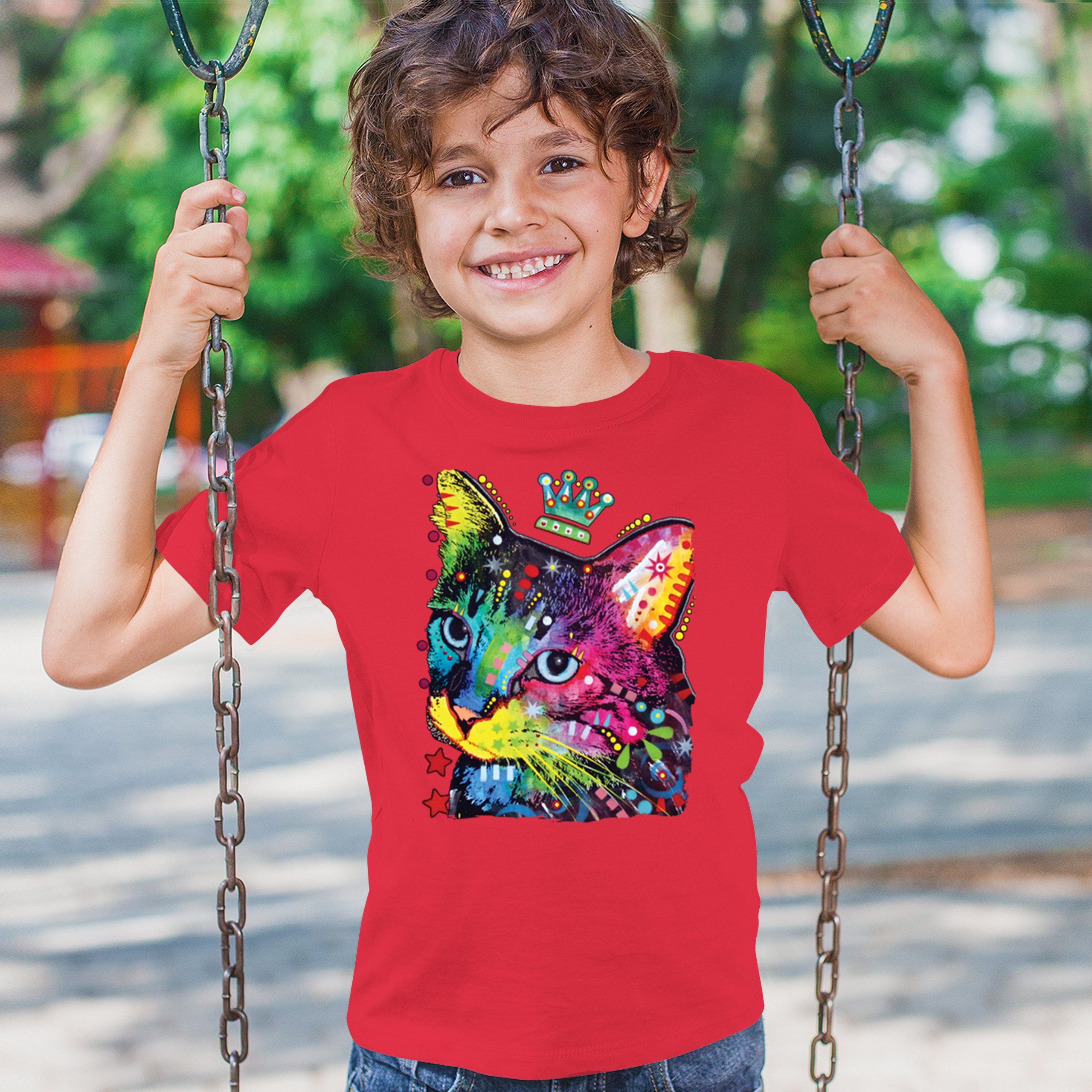 Cute Thinking Crowned Cat Youth T-shirt Dean Russo Colorful Kitten Kids - Picture 19 of 50
