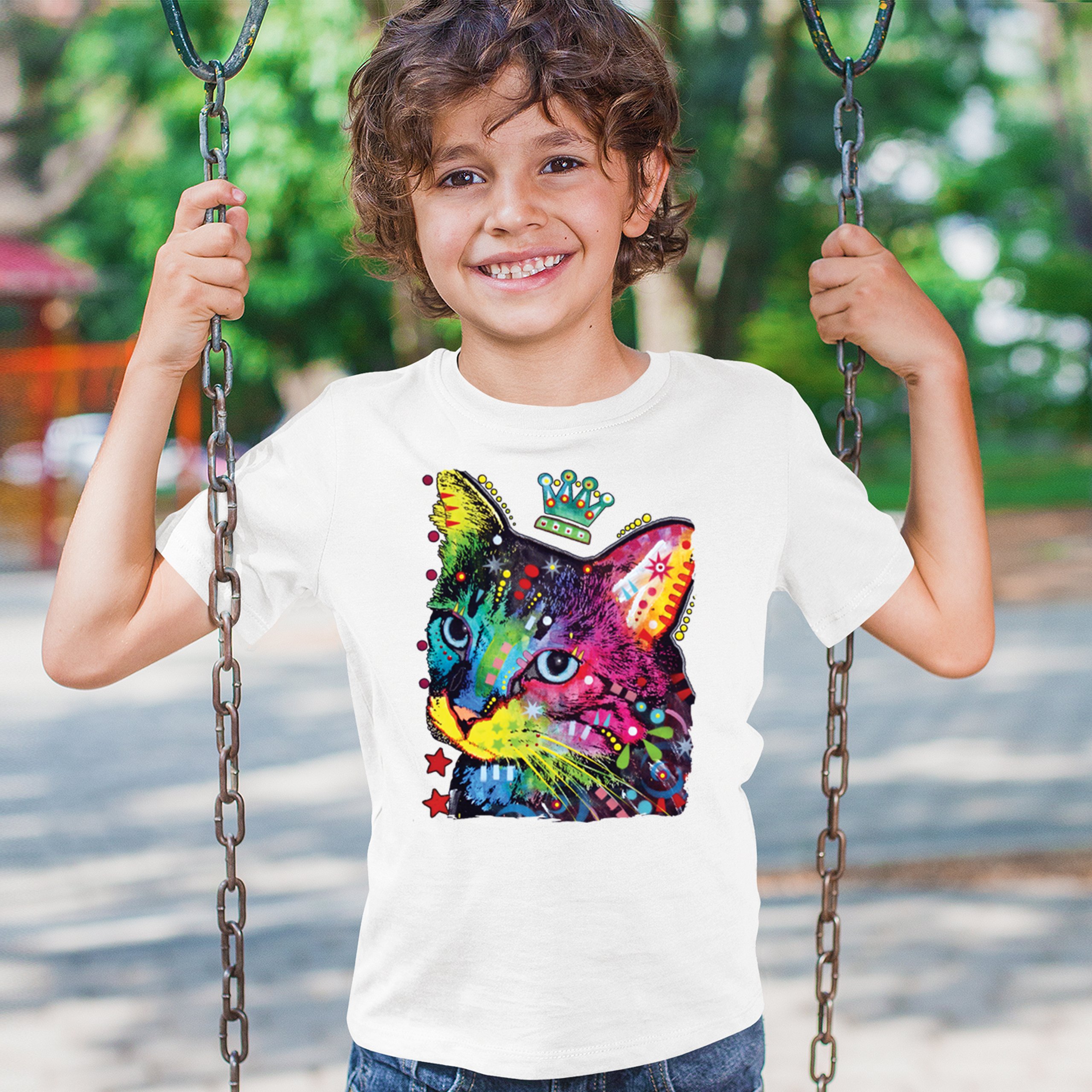 Cute Thinking Crowned Cat Youth T-shirt Dean Russo Colorful Kitten Kids - Picture 26 of 50