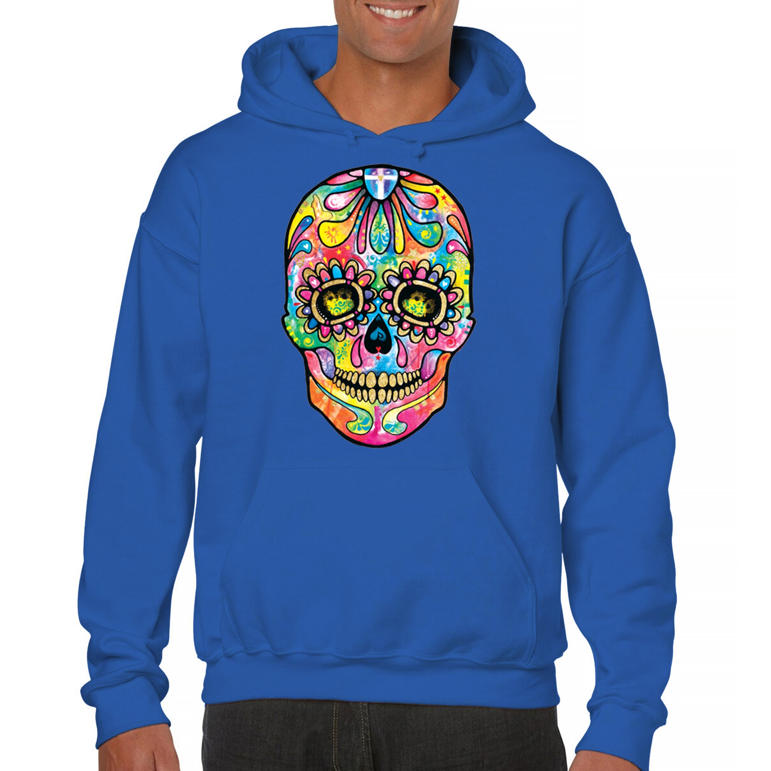 Dean Russo Sugar Skull Sweatshirt Day of the Dead Neon Calavera Hoodie - Picture 44 of 57