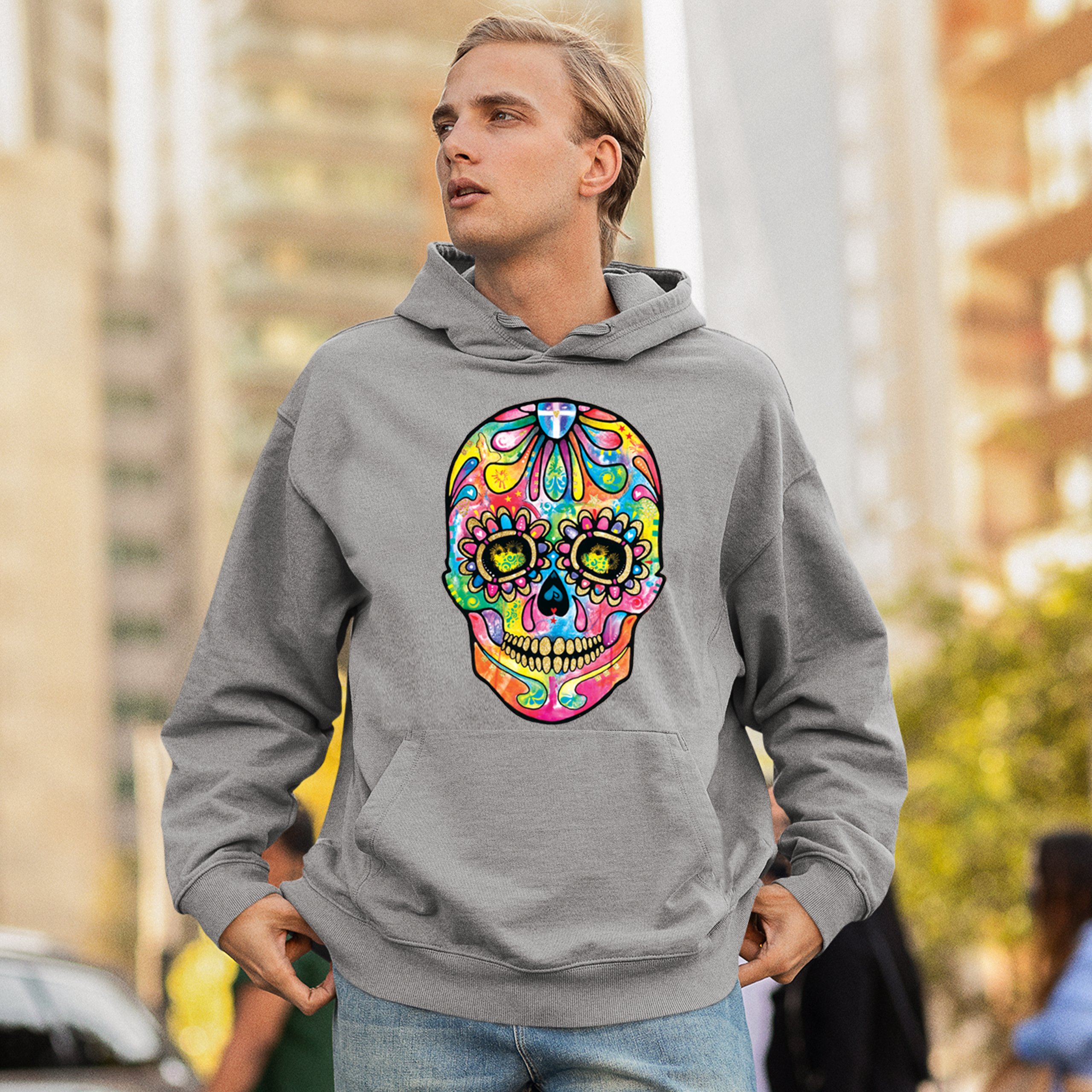 Dean Russo Sugar Skull Sweatshirt Day of the Dead Neon Calavera Hoodie - Picture 12 of 57