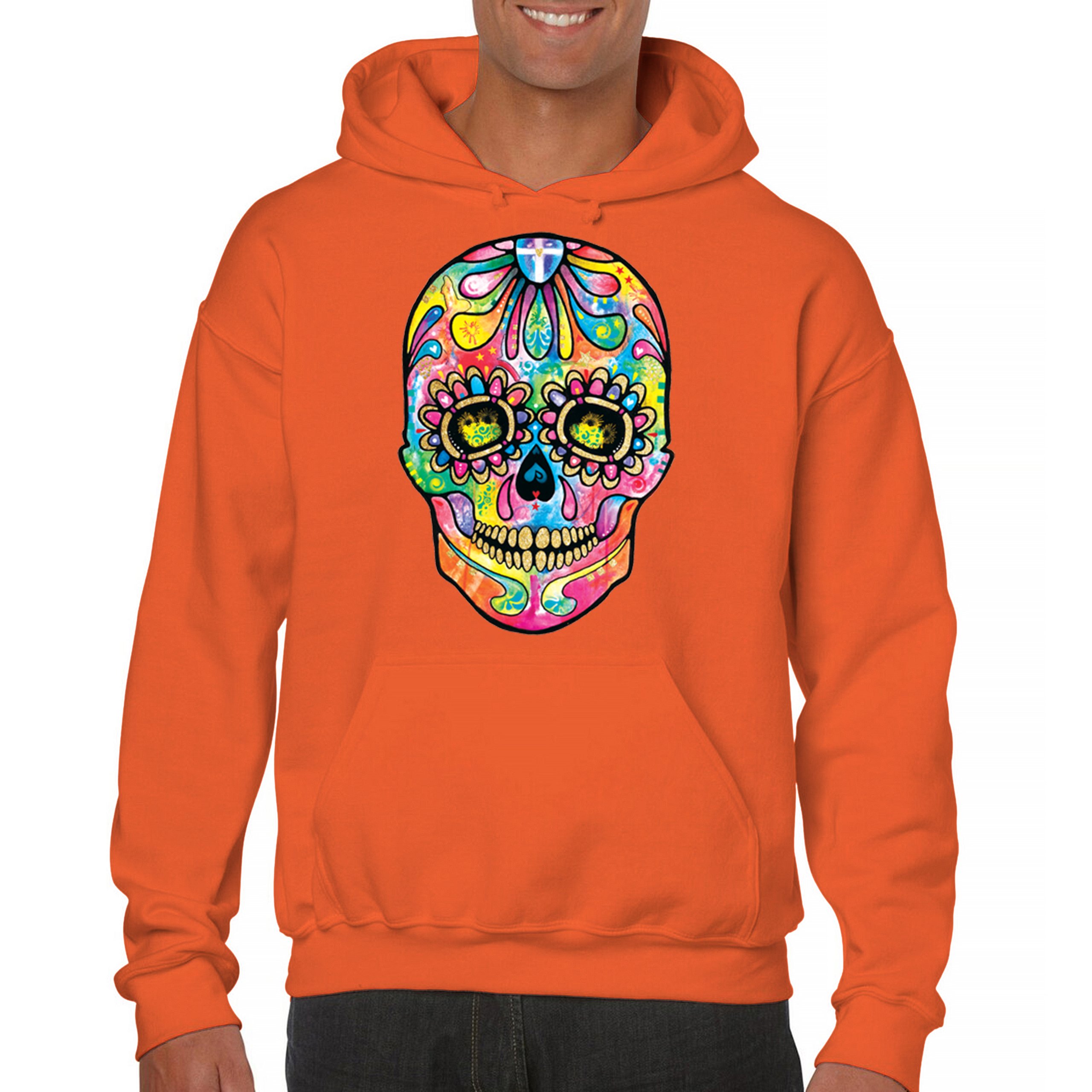 Dean Russo Sugar Skull Sweatshirt Day of the Dead Neon Calavera Hoodie - Picture 16 of 57