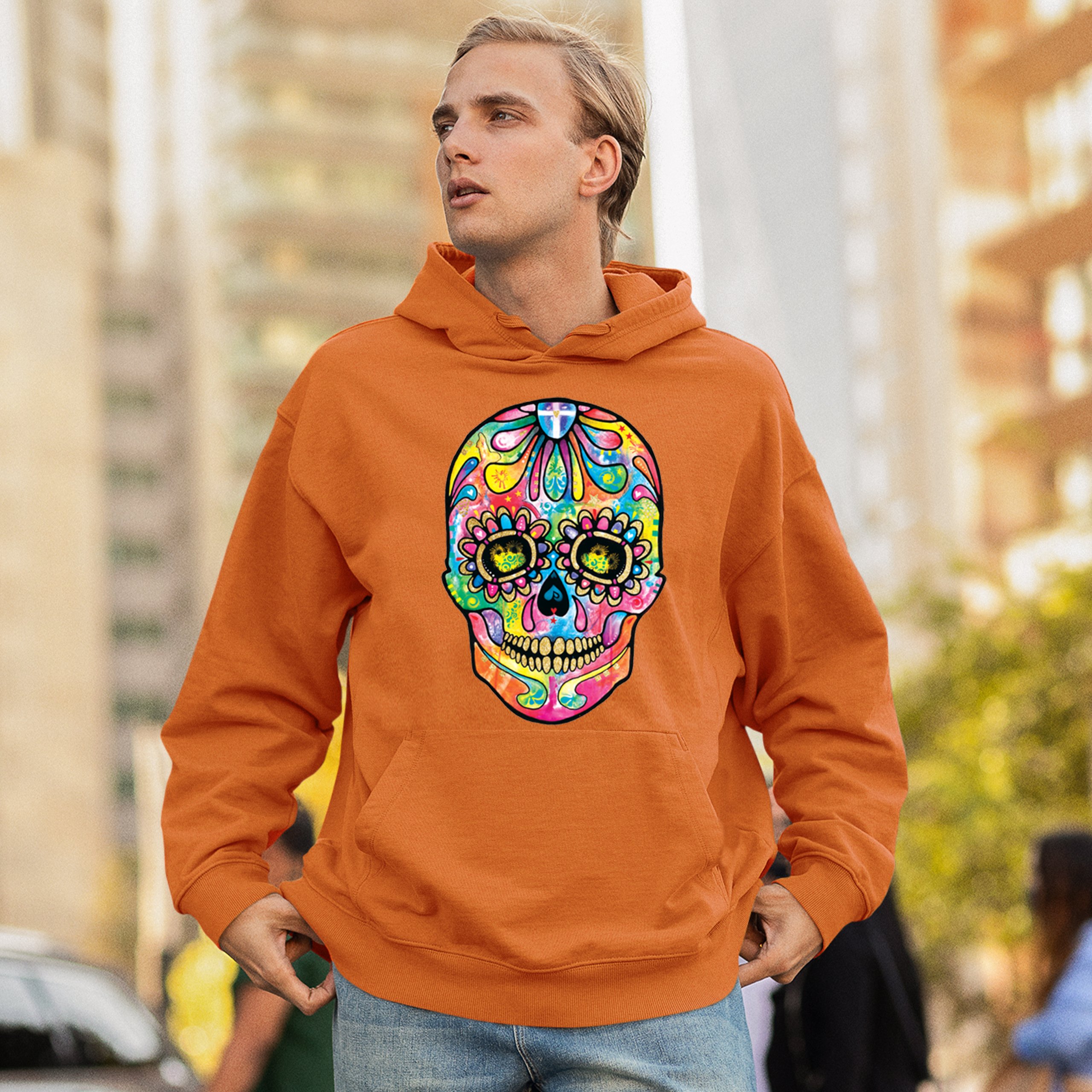 Dean Russo Sugar Skull Sweatshirt Day of the Dead Neon Calavera Hoodie - Picture 19 of 57