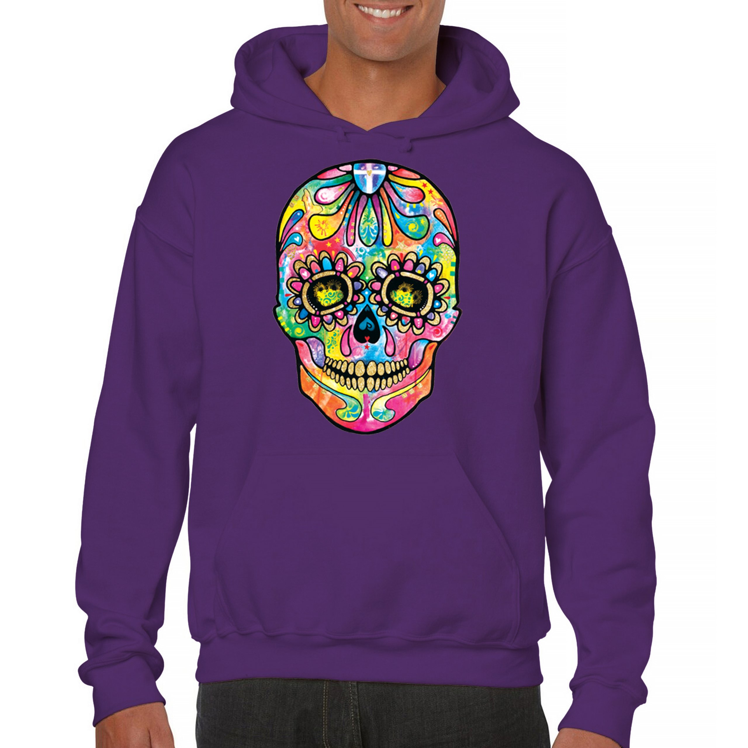 Dean Russo Sugar Skull Sweatshirt Day of the Dead Neon Calavera Hoodie - Picture 23 of 57