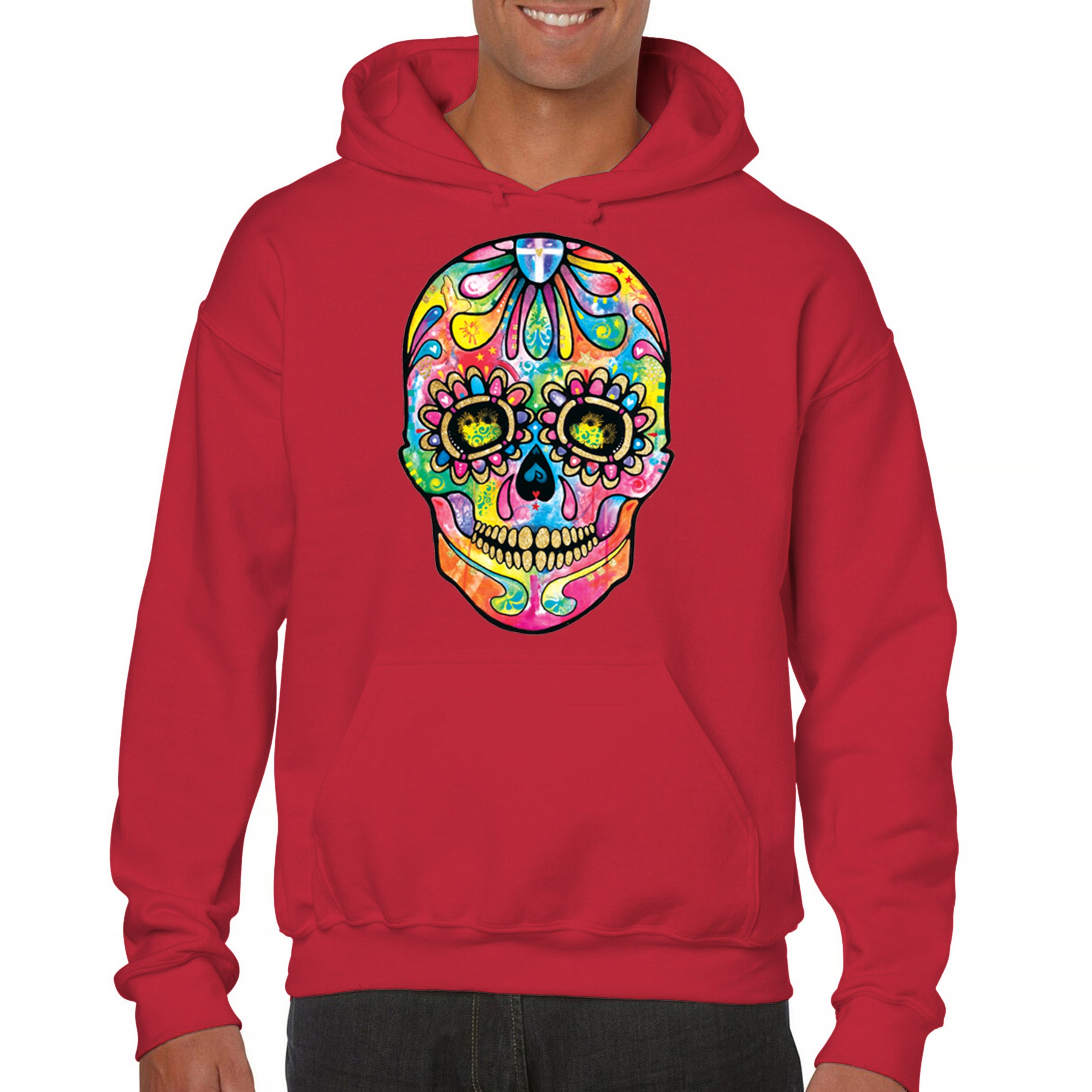 Dean Russo Sugar Skull Sweatshirt Day of the Dead Neon Calavera Hoodie - Picture 30 of 57