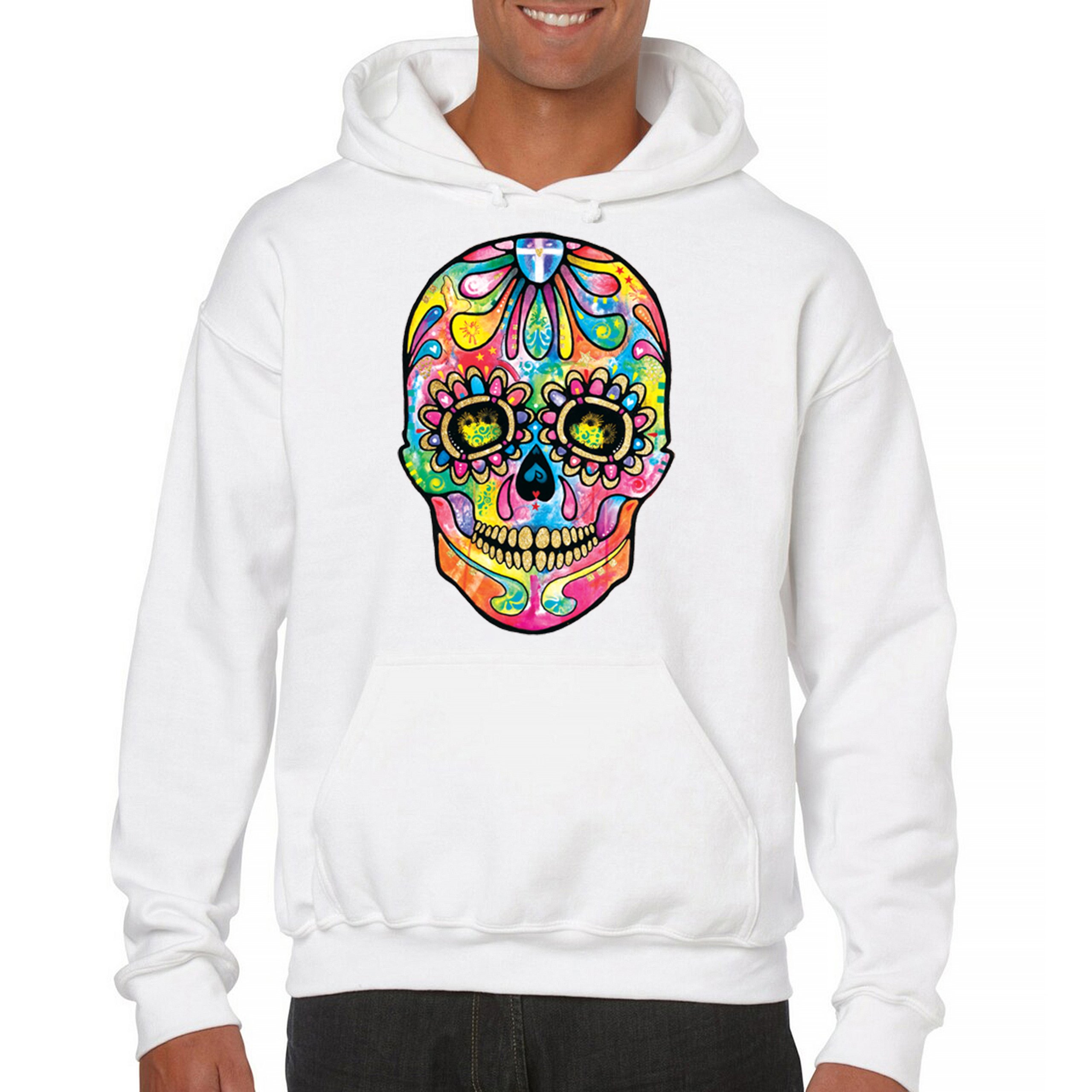 Dean Russo Sugar Skull Sweatshirt Day of the Dead Neon Calavera Hoodie - Picture 37 of 57
